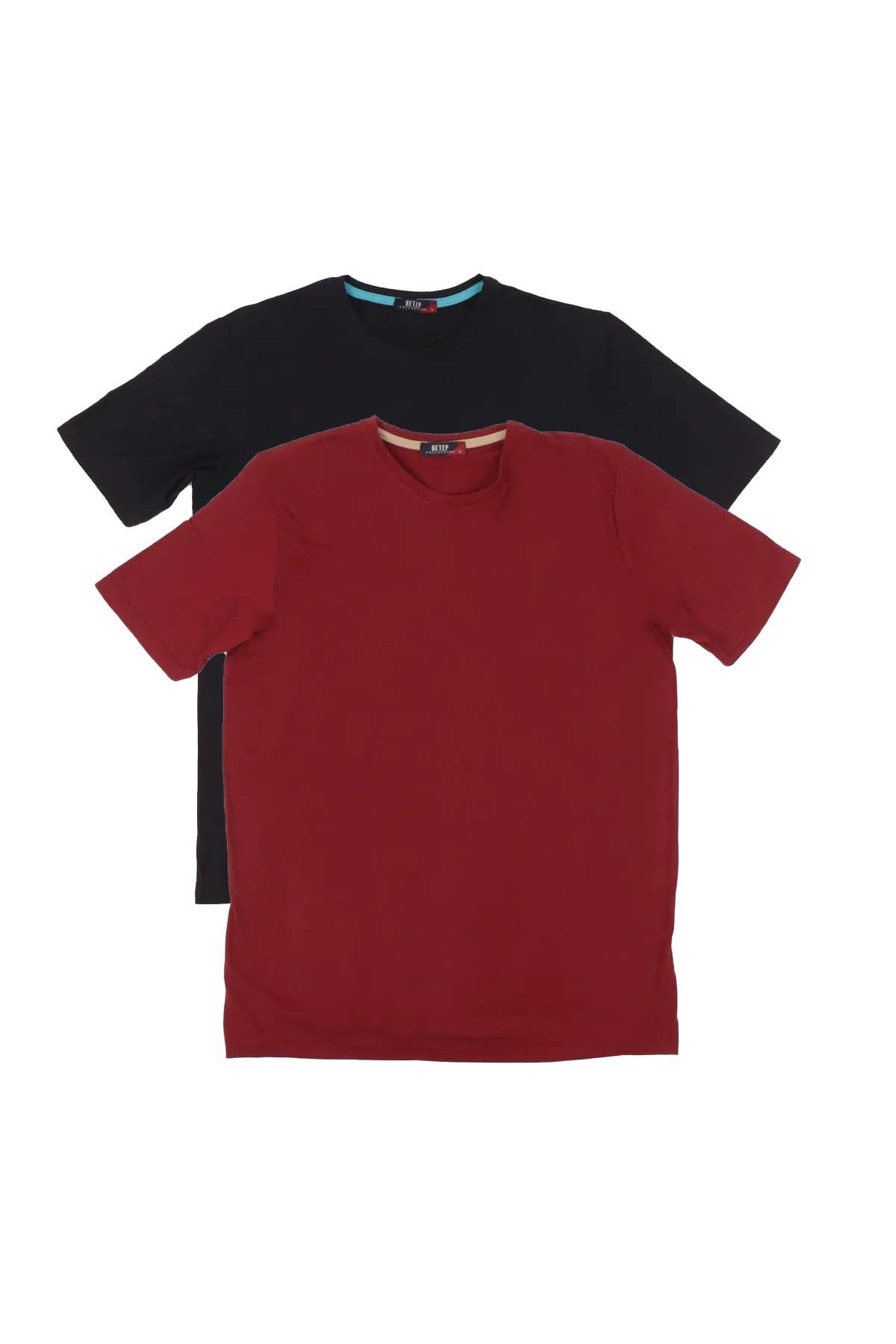 Erkek Bisiklet Yaka Kısa Kol Comfort Basic 2li Lacivert Bordo Tişört