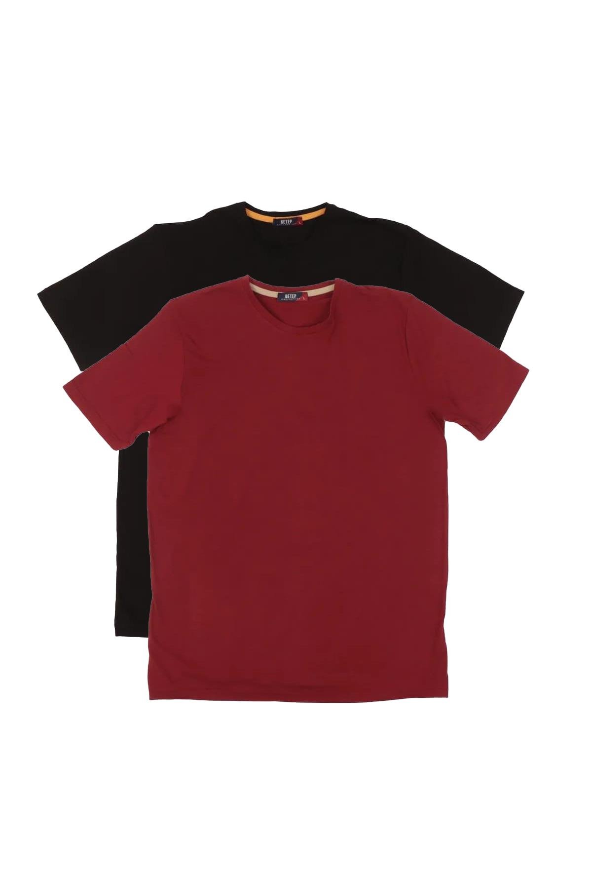 Erkek Bisiklet Yaka Kısa Kol Comfort Basic 2li Siyah Bordo Tişört