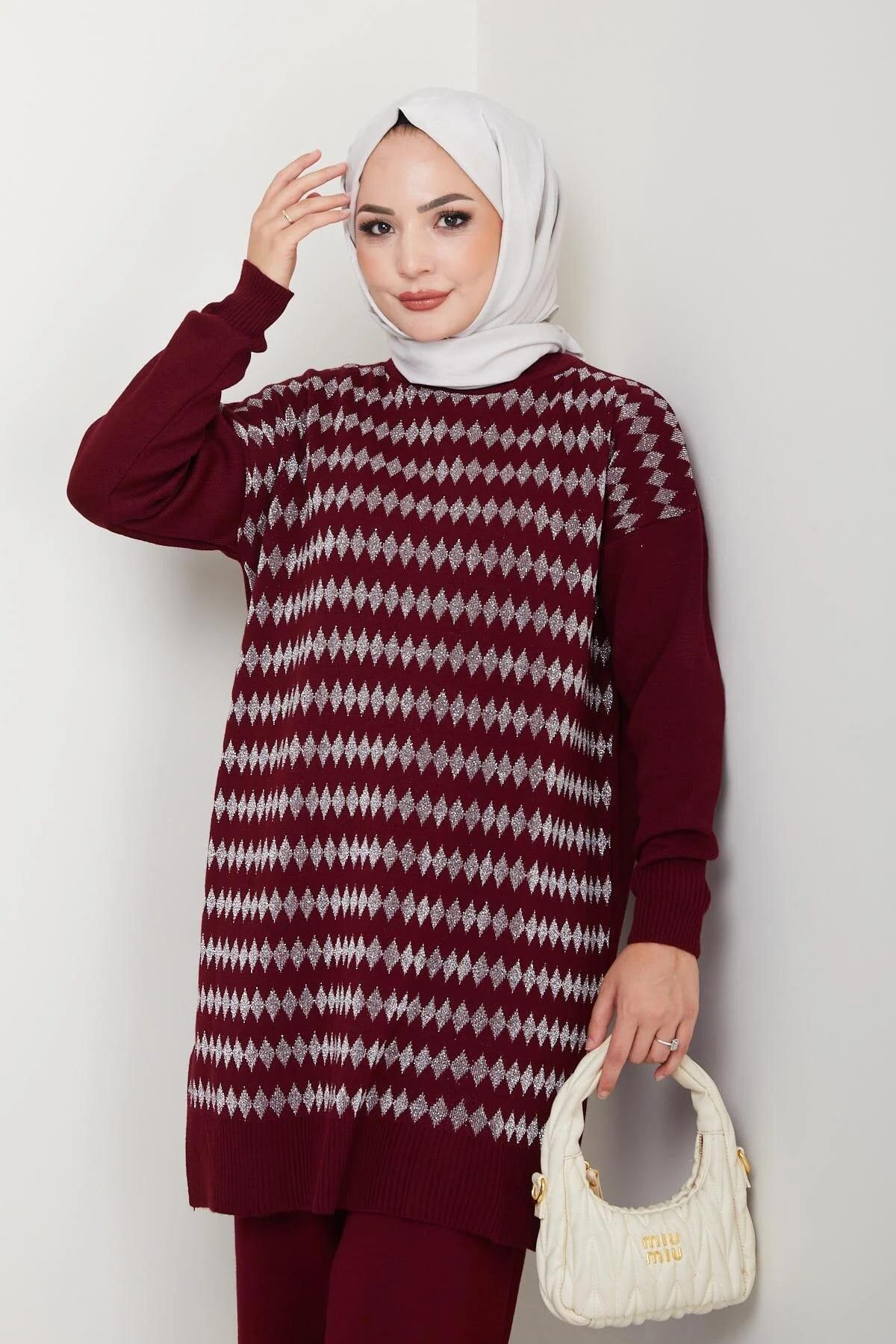 Kadın Bordo Triko Kazak – Geometrik Simli Desenli Salaş Model