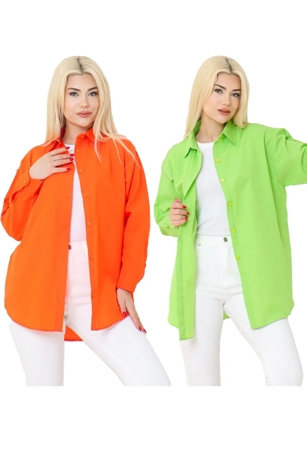 Kadın DÜZ RENK KETEN RAHAT KESİM Oversize Uzun Basic 2li Turuncu Yeşil Gömlek (2 adet)