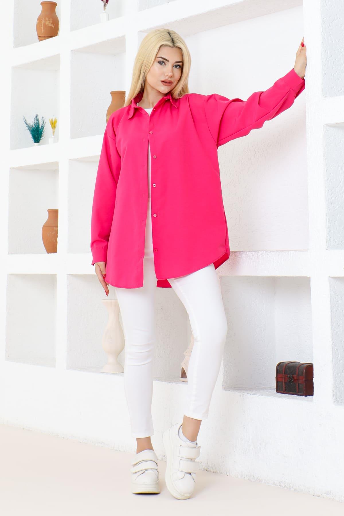 Kadın DÜZ RENK KETEN RAHAT KESİM Oversize Uzun Basic 4lü Nefti Siyah Pembe Turuncu Gömlek (4 Adet)
