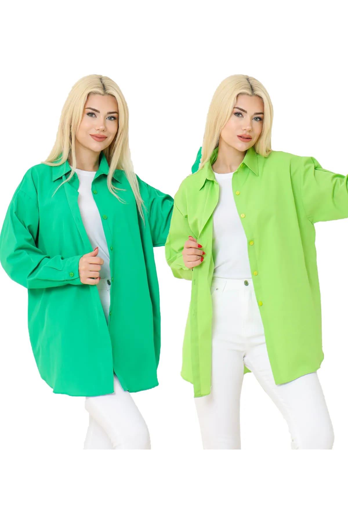Kadın DÜZ RENK KETEN RAHAT KESİM Oversize Uzun Basic 2li Nefti Yeşil Yeşil Gömlek (2 adet)