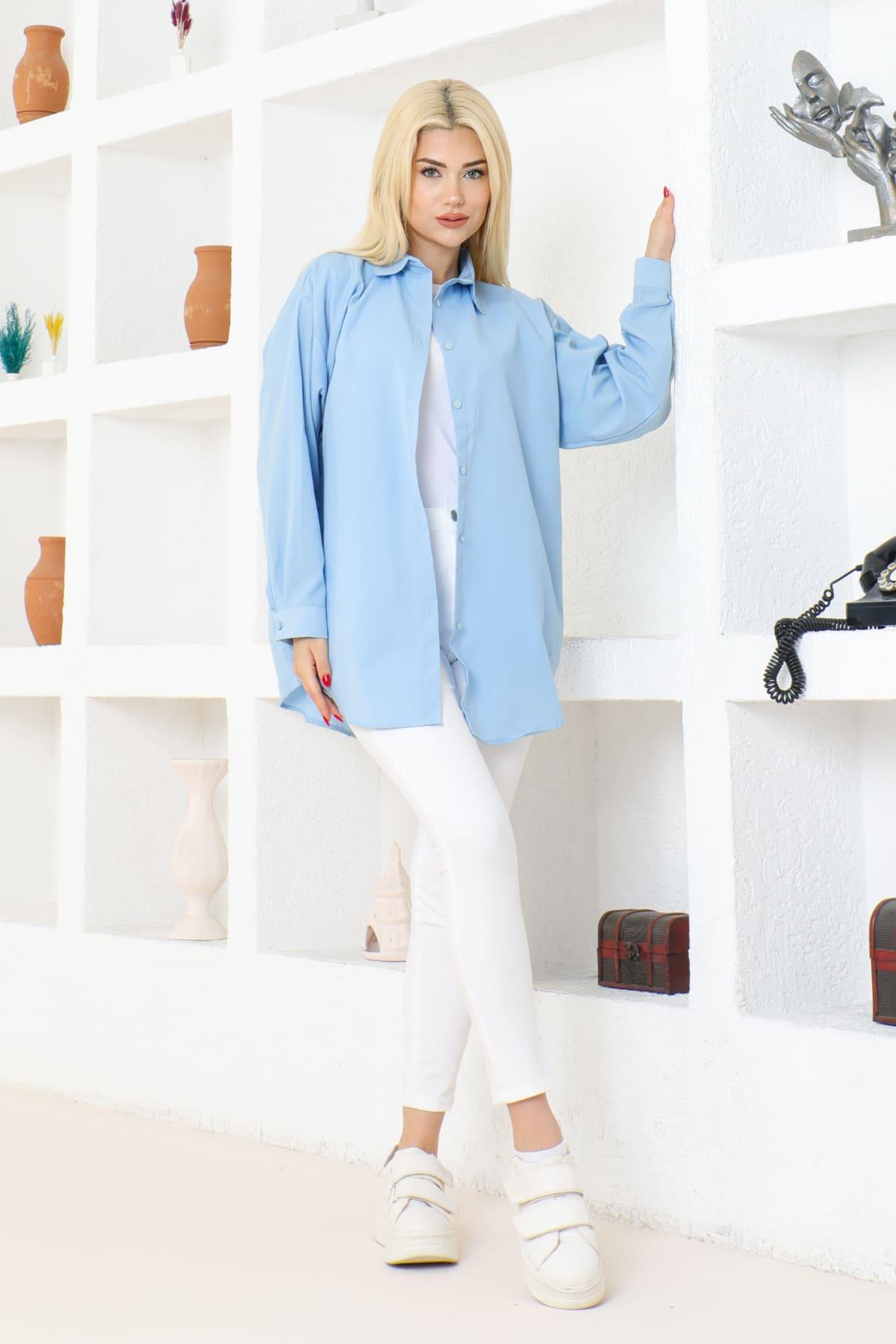 Kadın DÜZ RENK KETEN RAHAT KESİM Oversize Uzun Basic 4lü Mavi Su Yeşili Yeşil Nefti Gömlek