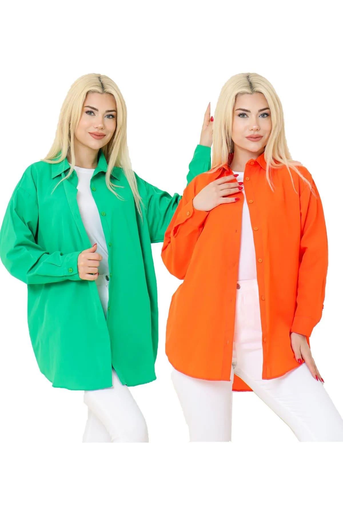 Kadın DÜZ RENK KETEN RAHAT KESİM Oversize Uzun Basic 2li Nefti Yeşil Turuncu Gömlek (2 adet)