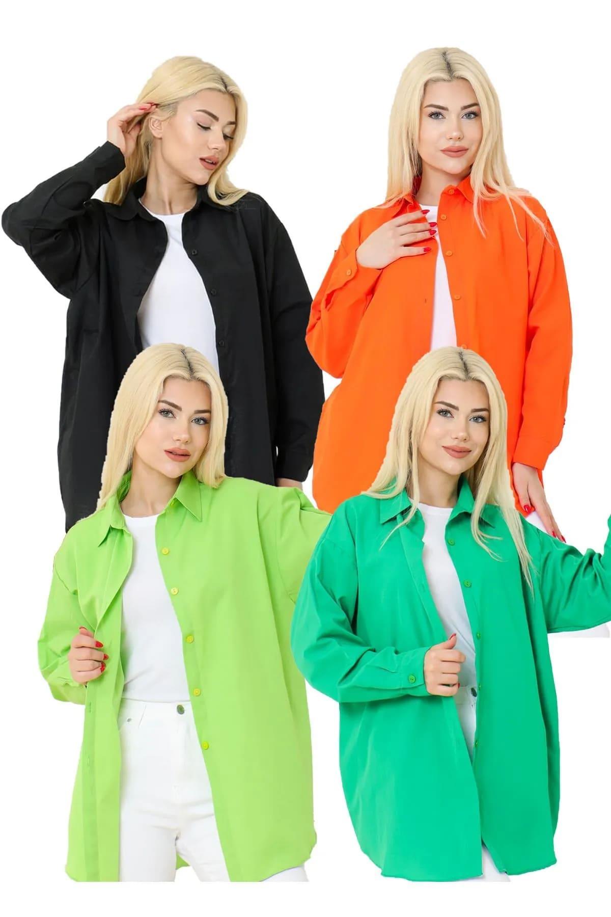 Kadın DÜZ RENK KETEN RAHAT KESİM Oversize Uzun Basic 4lü Siyah Turuncu Yeşil Nefti Gömlek (4 Adet)