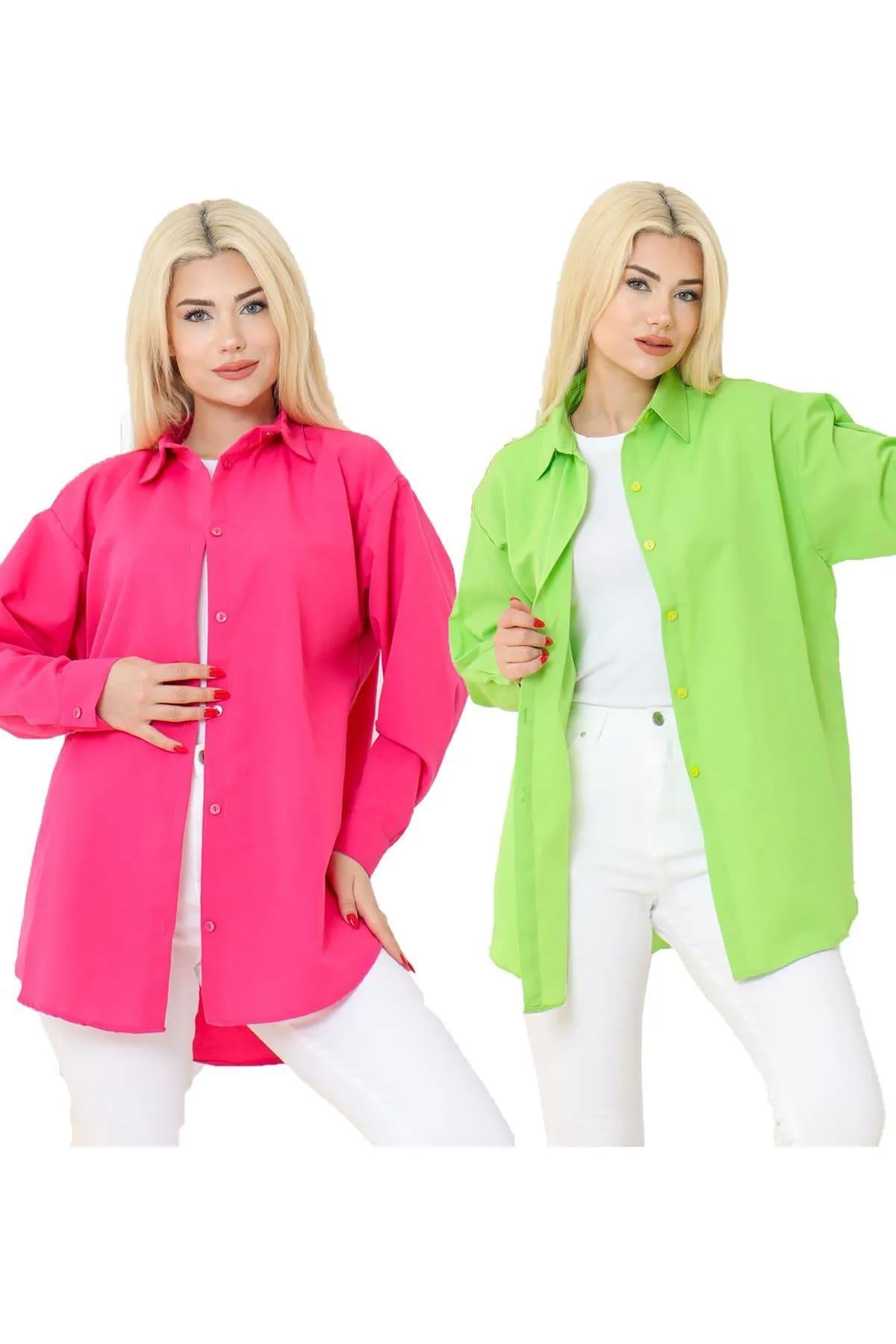 Kadın DÜZ RENK KETEN RAHAT KESİM Oversize Uzun Basic 2li Pembe Yeşil Gömlek (2 adet)