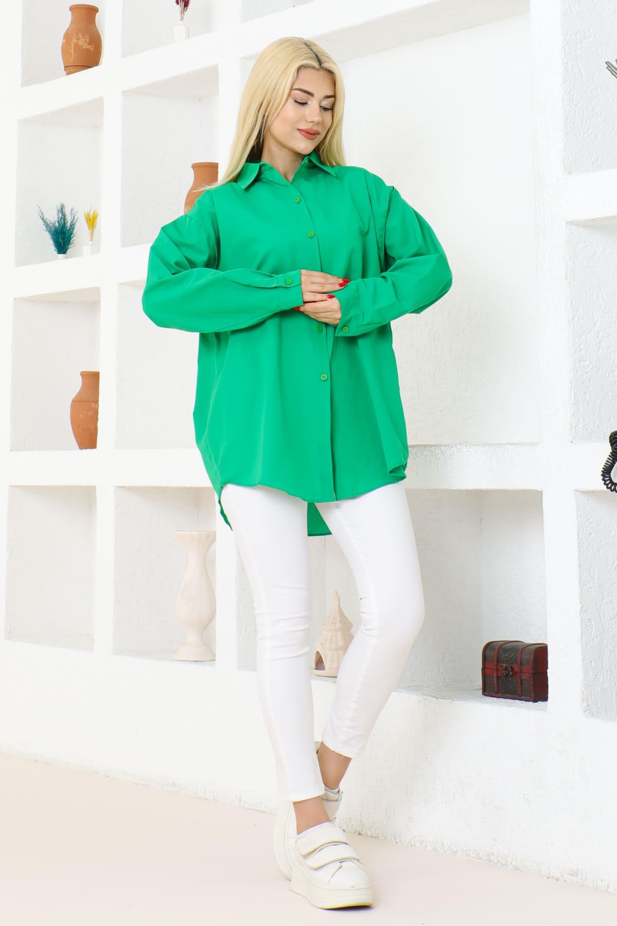 Kadın Düz Renk Keten Rahat Kesim Oversize Uzun Basic Gömlek