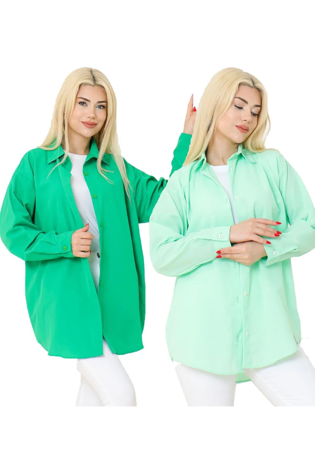 Kadın DÜZ RENK KETEN RAHAT KESİM Oversize Uzun Basic 2li Nefti Yeşil Su Yeşili Gömlek (2 adet)