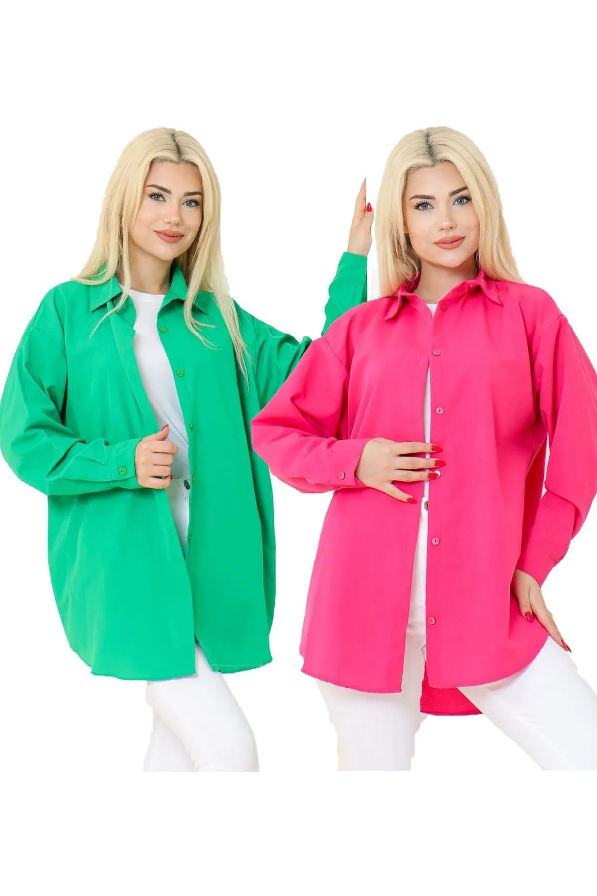 Kadın DÜZ RENK KETEN RAHAT KESİM Oversize Uzun Basic 2li Nefti Yeşil Pembe Gömlek (2 adet)