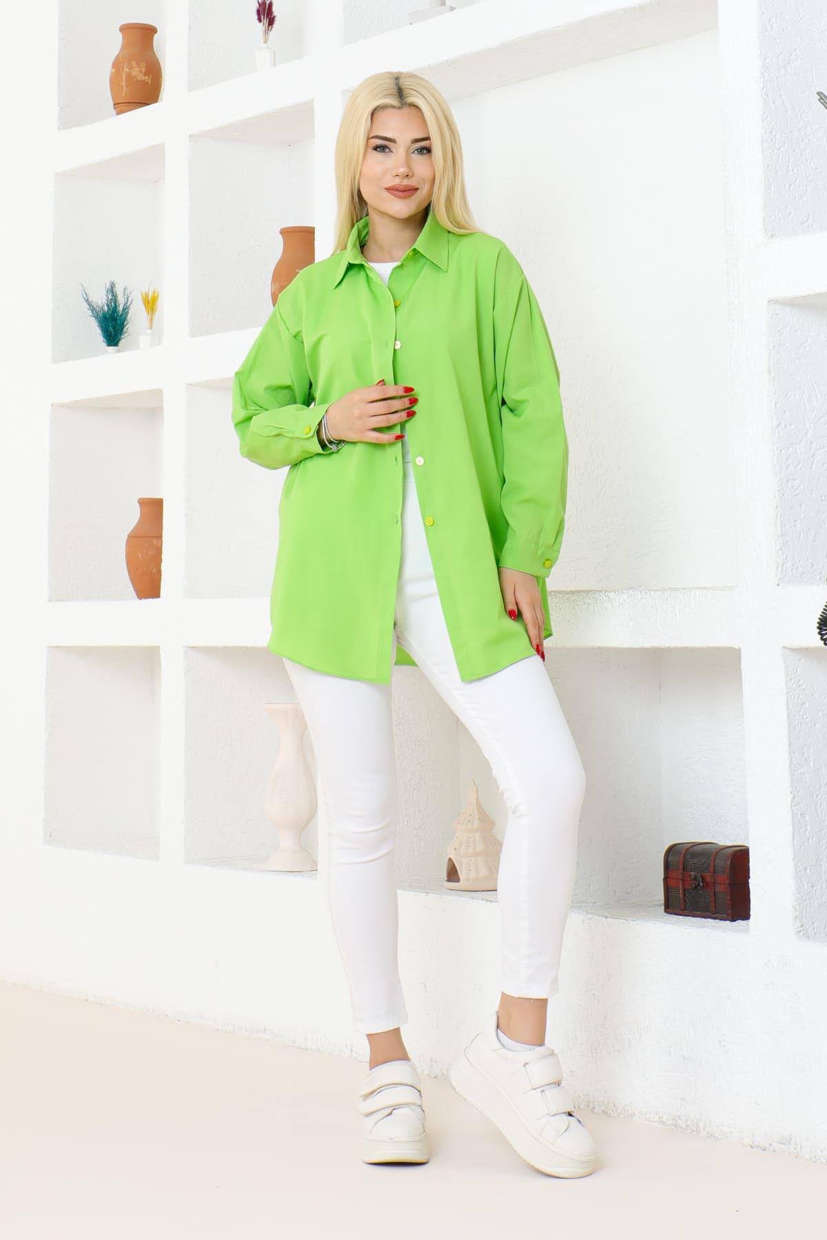 Kadın DÜZ RENK KETEN RAHAT KESİM Oversize Uzun Basic 4lü Mavi Su Yeşili Yeşil Nefti Gömlek