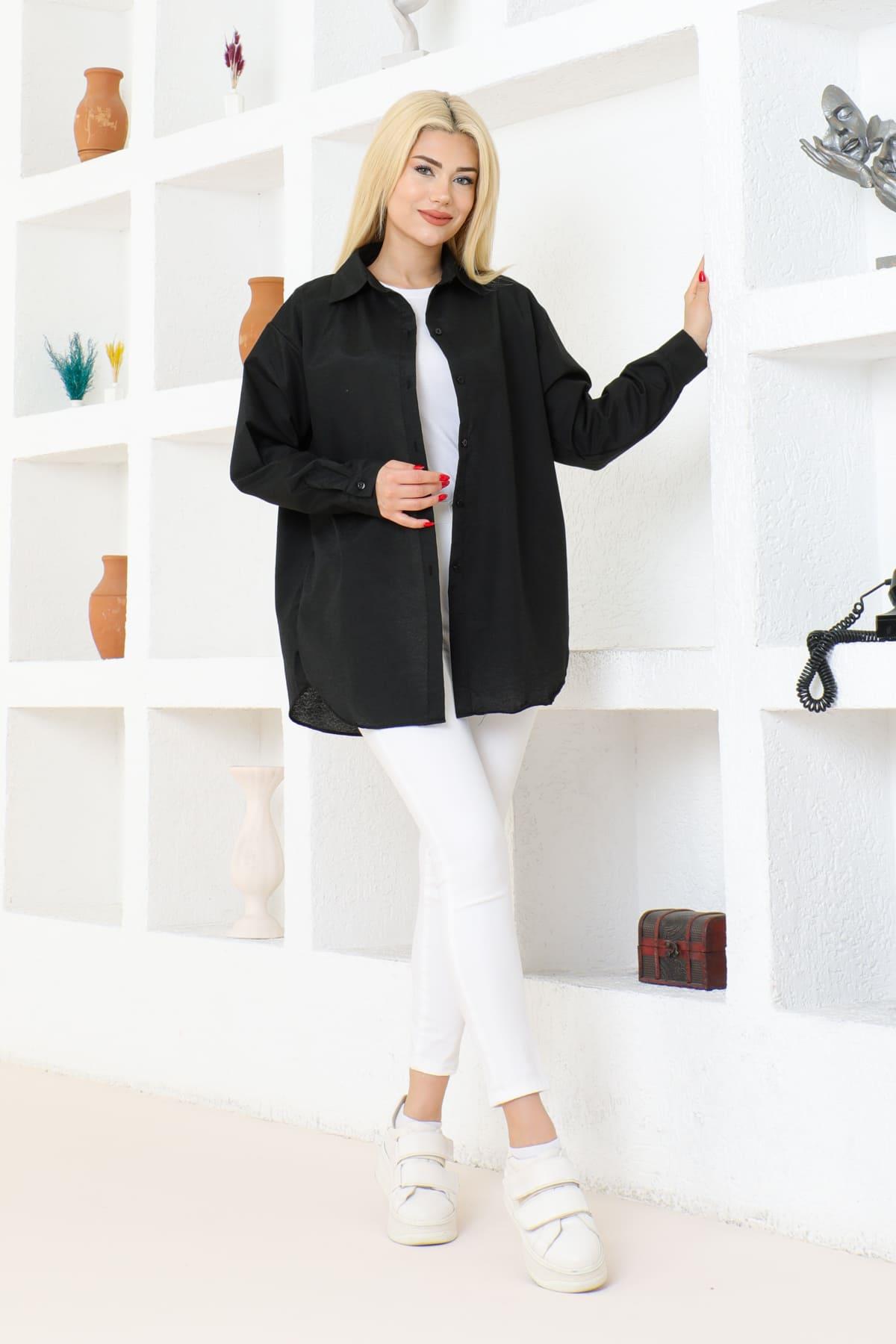 Kadın DÜZ RENK KETEN RAHAT KESİM Oversize Uzun Basic 4lü Siyah Pembe Turuncu Su Yeşili Gömlek 4 Adet