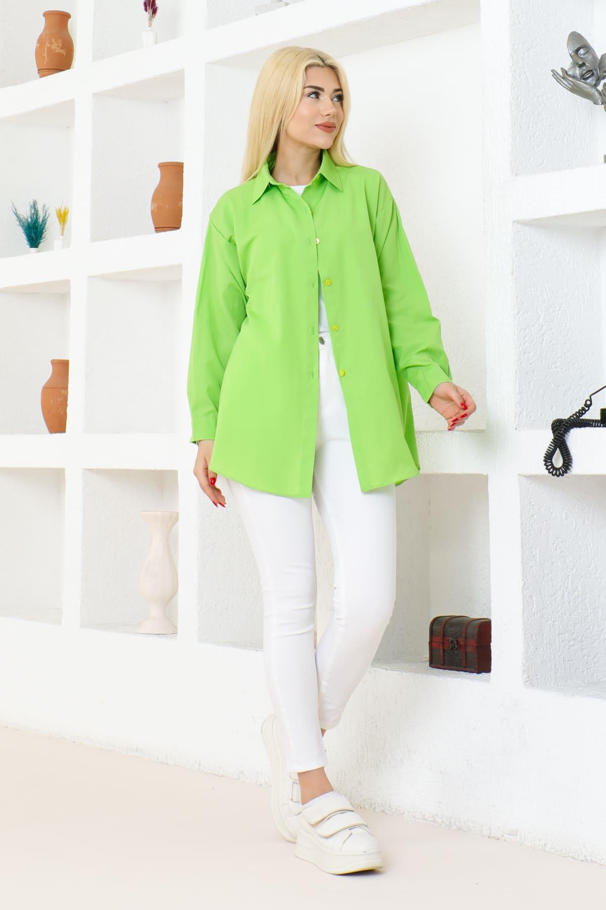 Kadın DÜZ RENK KETEN RAHAT KESİM Oversize Uzun Basic 4lü Siyah Turuncu Yeşil Nefti Gömlek (4 Adet)