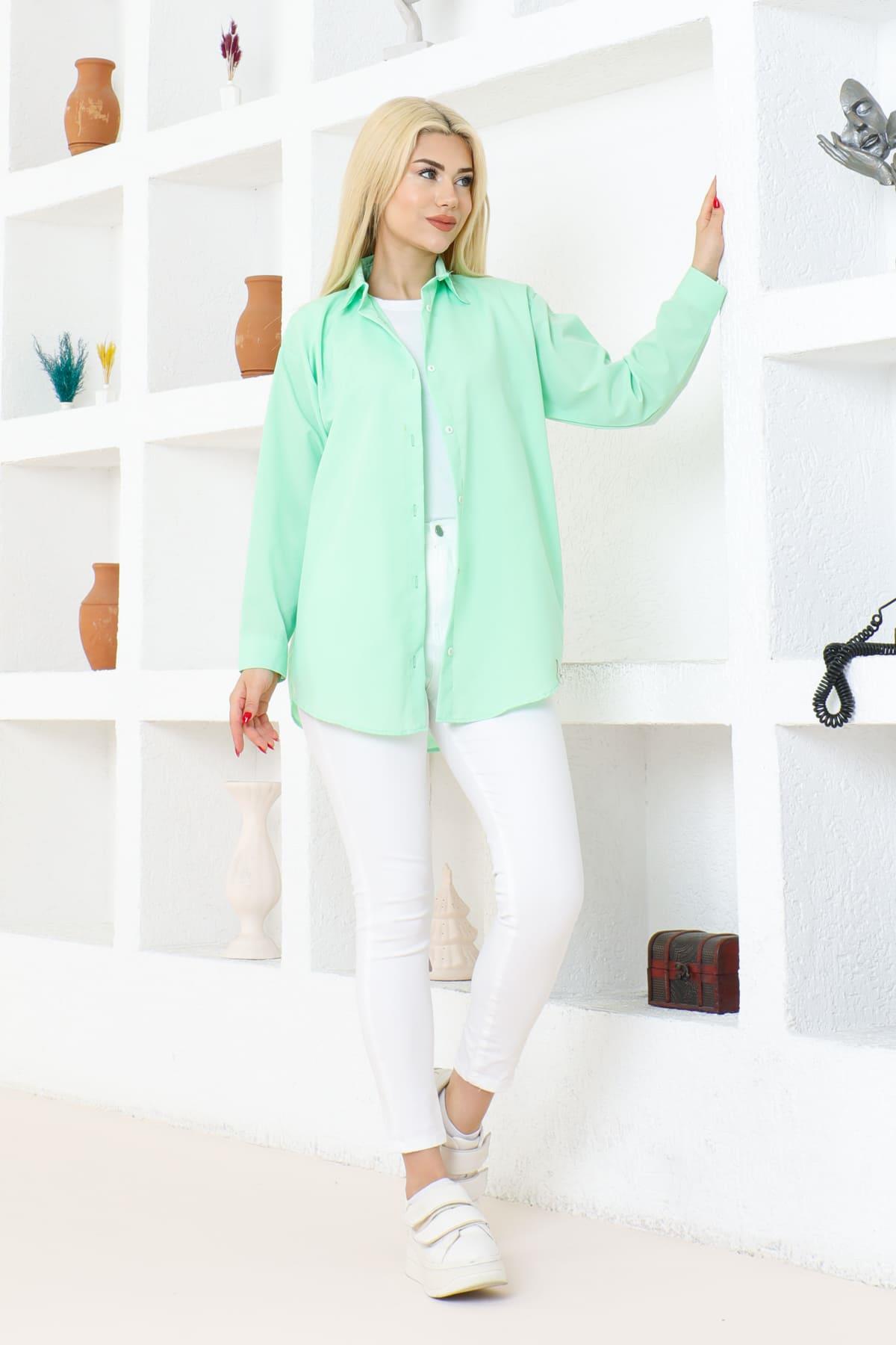Kadın DÜZ RENK KETEN RAHAT KESİM Oversize Uzun Basic 4lü Mavi Su Yeşili Yeşil Nefti Gömlek