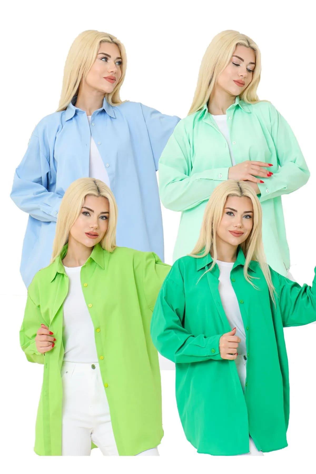 Kadın DÜZ RENK KETEN RAHAT KESİM Oversize Uzun Basic 4lü Mavi Su Yeşili Yeşil Nefti Gömlek