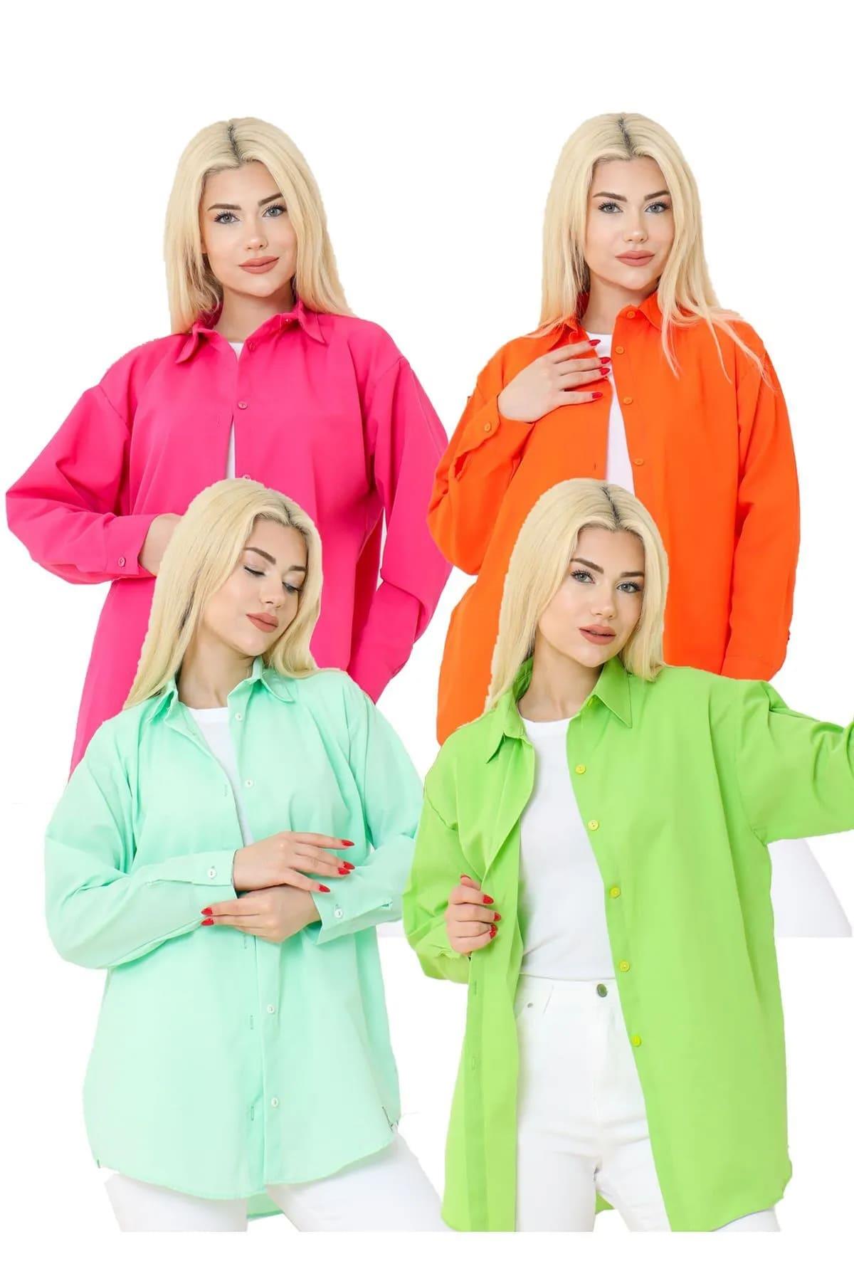 Kadın DÜZ RENK KETEN RAHAT KESİM Oversize Uzun Basic 4lü Pembe Turuncu Su Yeşili Yeşil Gömlek 4 Adet