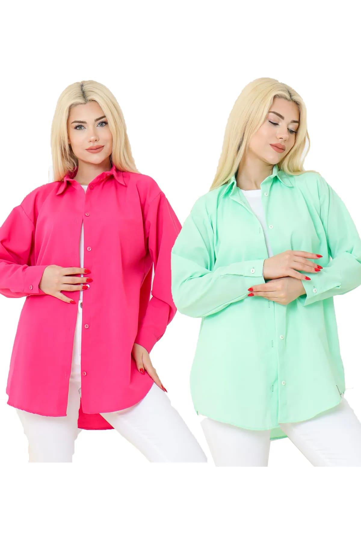 Kadın DÜZ RENK KETEN RAHAT KESİM Oversize Uzun Basic 2li Pembe Su Yeşili Gömlek (2 adet)