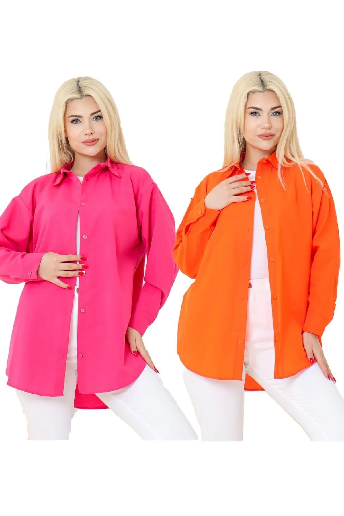 Kadın DÜZ RENK KETEN RAHAT KESİM Oversize Uzun Basic 2li Pembe Turuncu Gömlek (2 adet)
