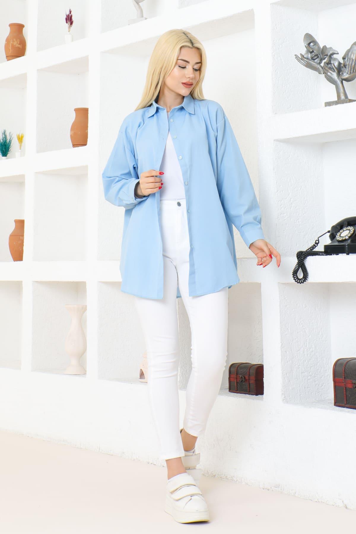 Kadın DÜZ RENK KETEN RAHAT KESİM Oversize Uzun Basic 4lü Mavi Su Yeşili Yeşil Nefti Gömlek