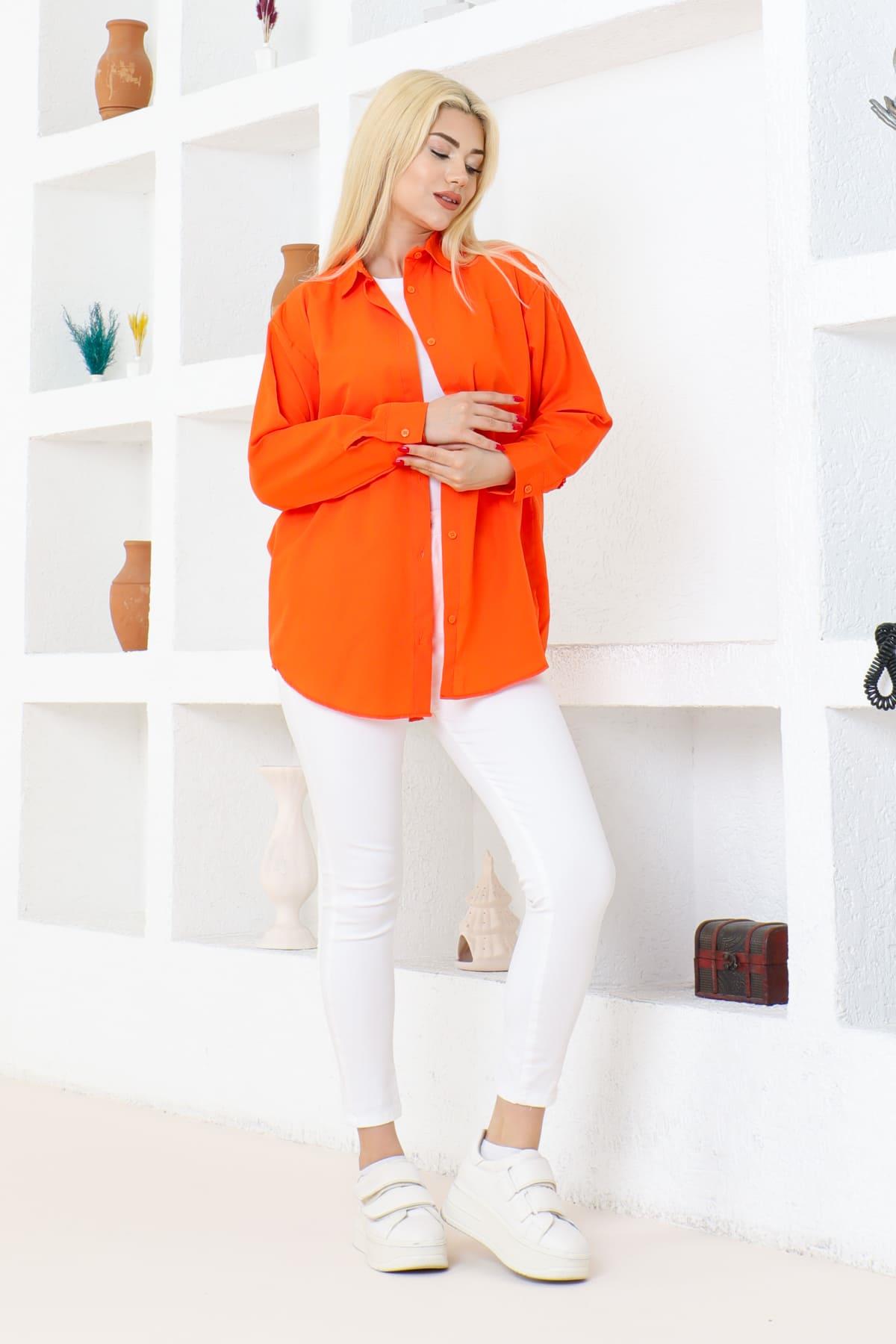 Kadın DÜZ RENK KETEN RAHAT KESİM Oversize Uzun Basic 4lü Siyah Pembe Turuncu Su Yeşili Gömlek 4 Adet