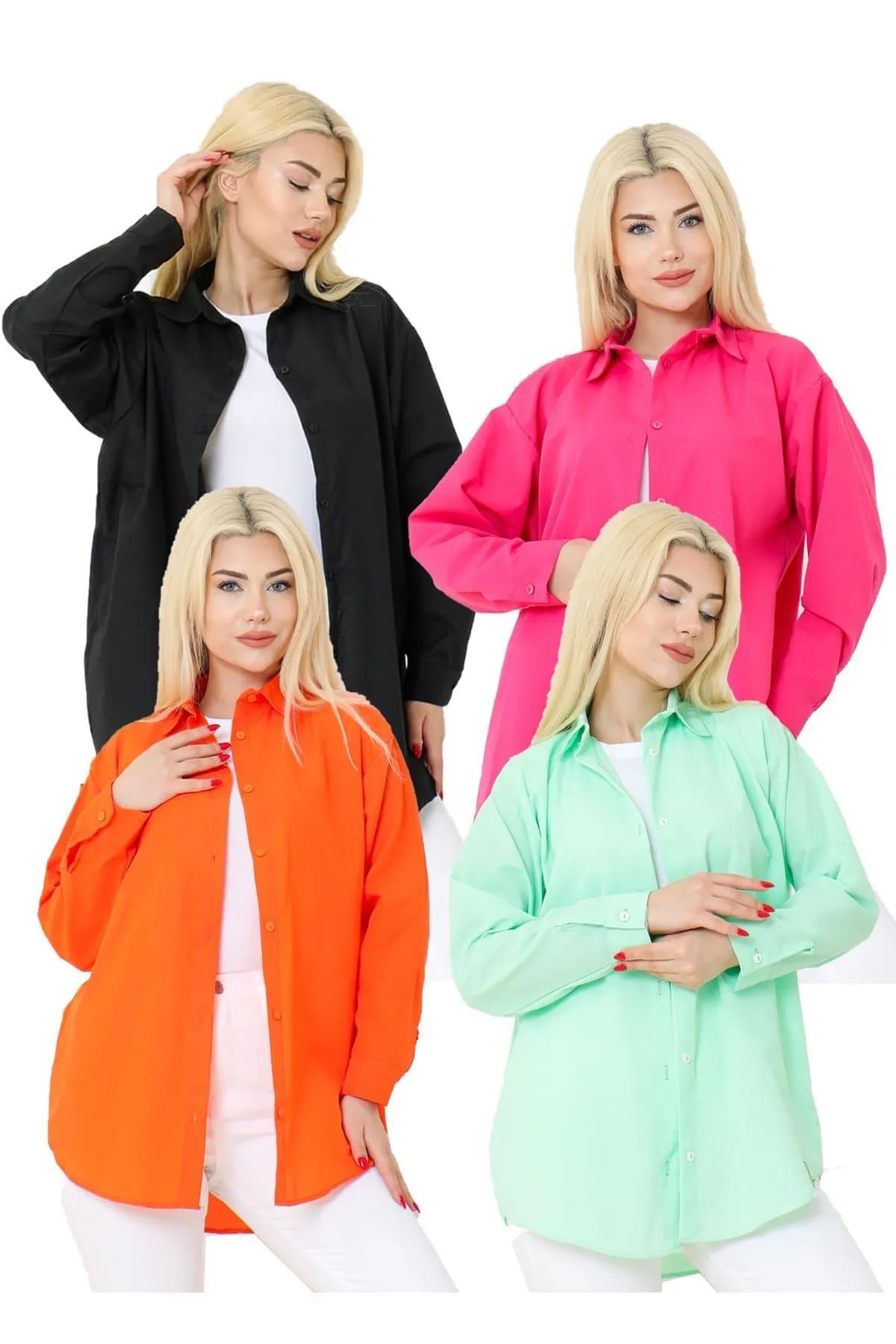 Kadın DÜZ RENK KETEN RAHAT KESİM Oversize Uzun Basic 4lü Siyah Pembe Turuncu Su Yeşili Gömlek 4 Adet