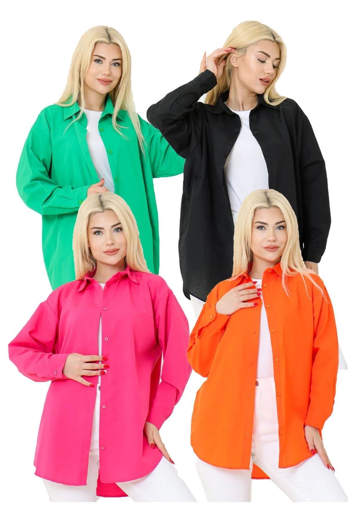 Kadın DÜZ RENK KETEN RAHAT KESİM Oversize Uzun Basic 4lü Nefti Siyah Pembe Turuncu Gömlek (4 Adet)