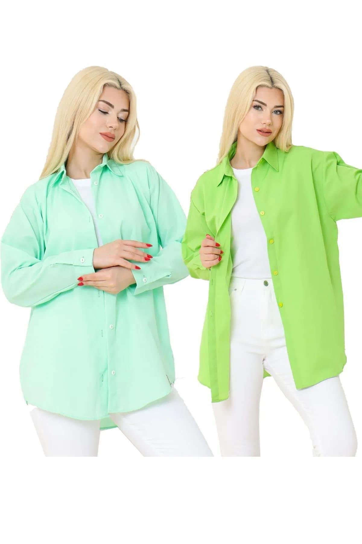 Kadın DÜZ RENK KETEN RAHAT KESİM Oversize Uzun Basic 2li Su Yeşili Yeşil Gömlek (2 adet)