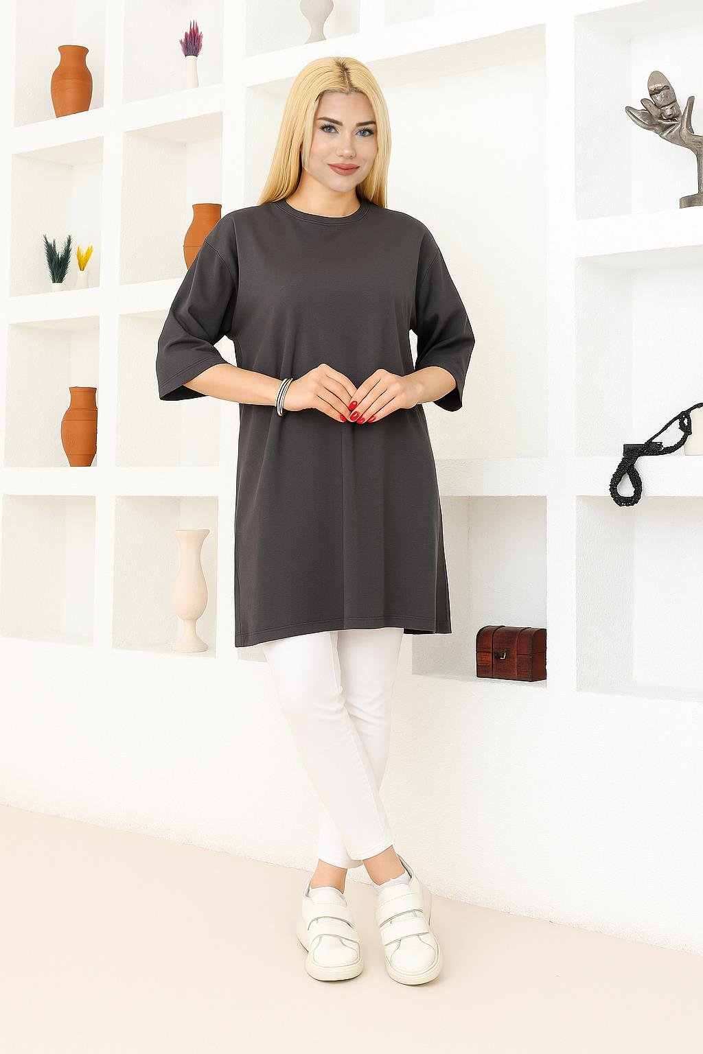 Kadın Füme Oversize Tunik Tişört – Yarım Kollu, Yuvarlak Yaka, Rahat Kesim