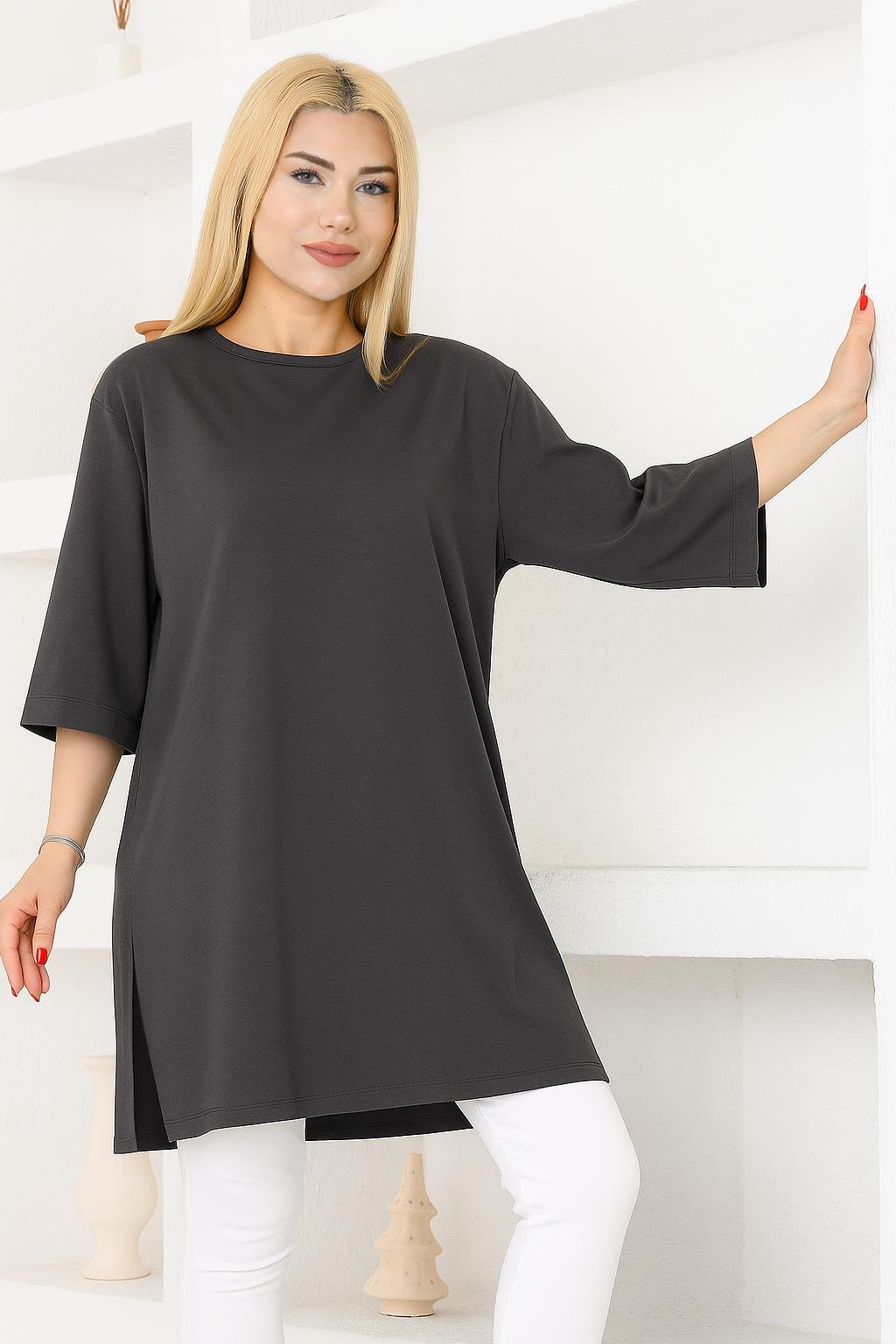 Kadın Füme Oversize Tunik Tişört – Yarım Kollu, Yuvarlak Yaka, Rahat Kesim