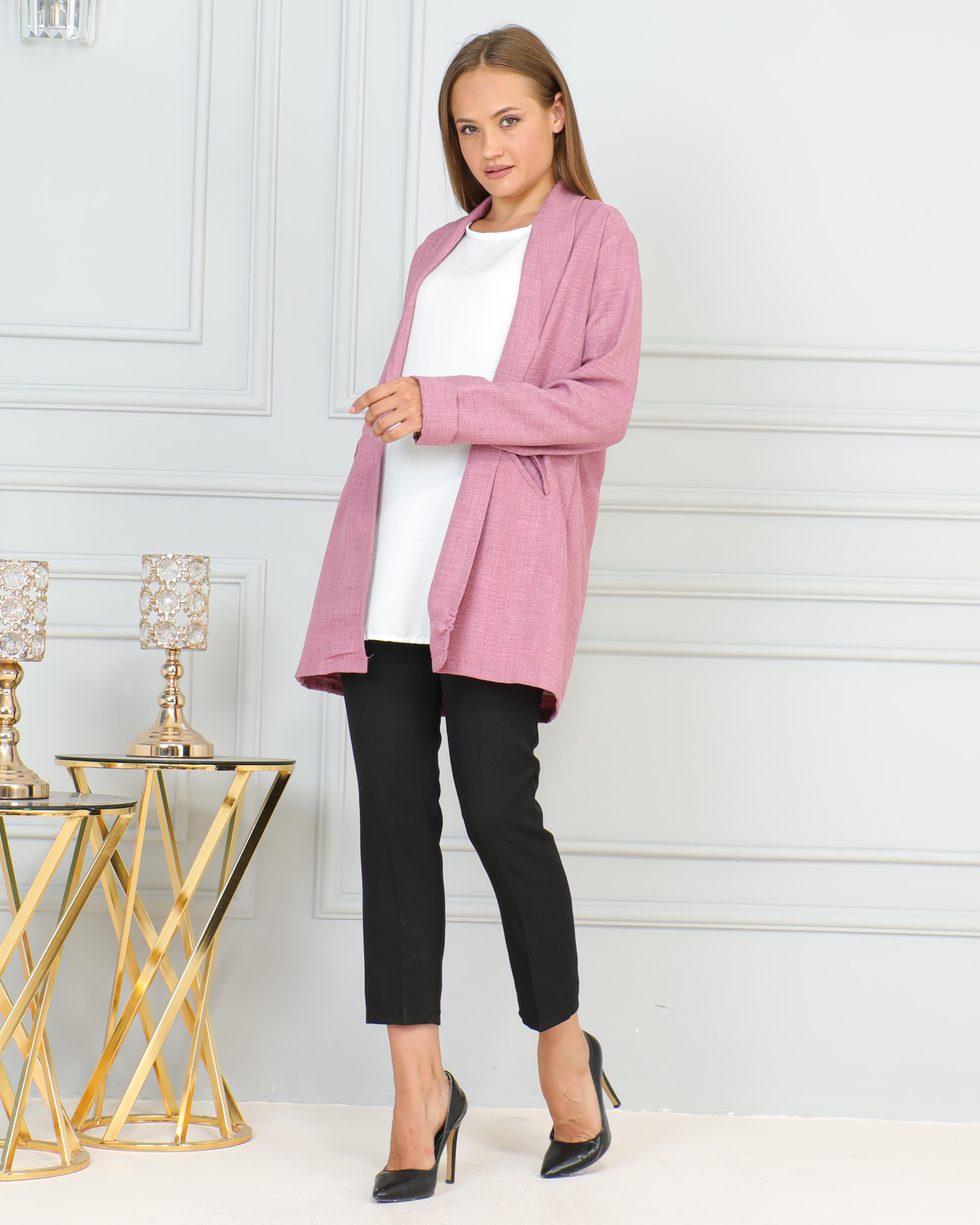 KADIN GİY ÇIK COMFORT PEMBE RENK KETEN CEKET İÇLİ DIŞLI RAHAT KALIP CEKET