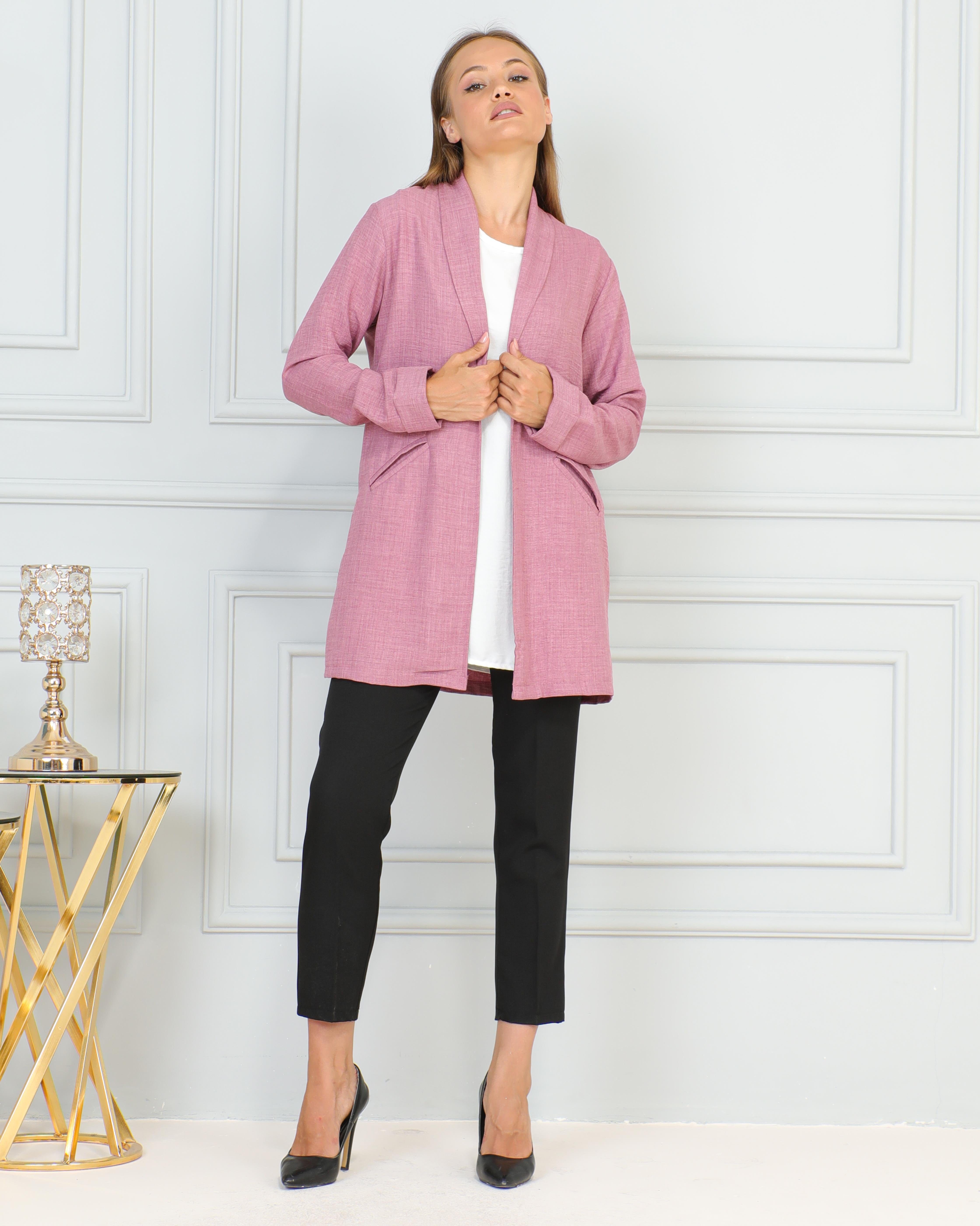 KADIN GİY ÇIK COMFORT PEMBE RENK KETEN CEKET İÇLİ DIŞLI RAHAT KALIP CEKET