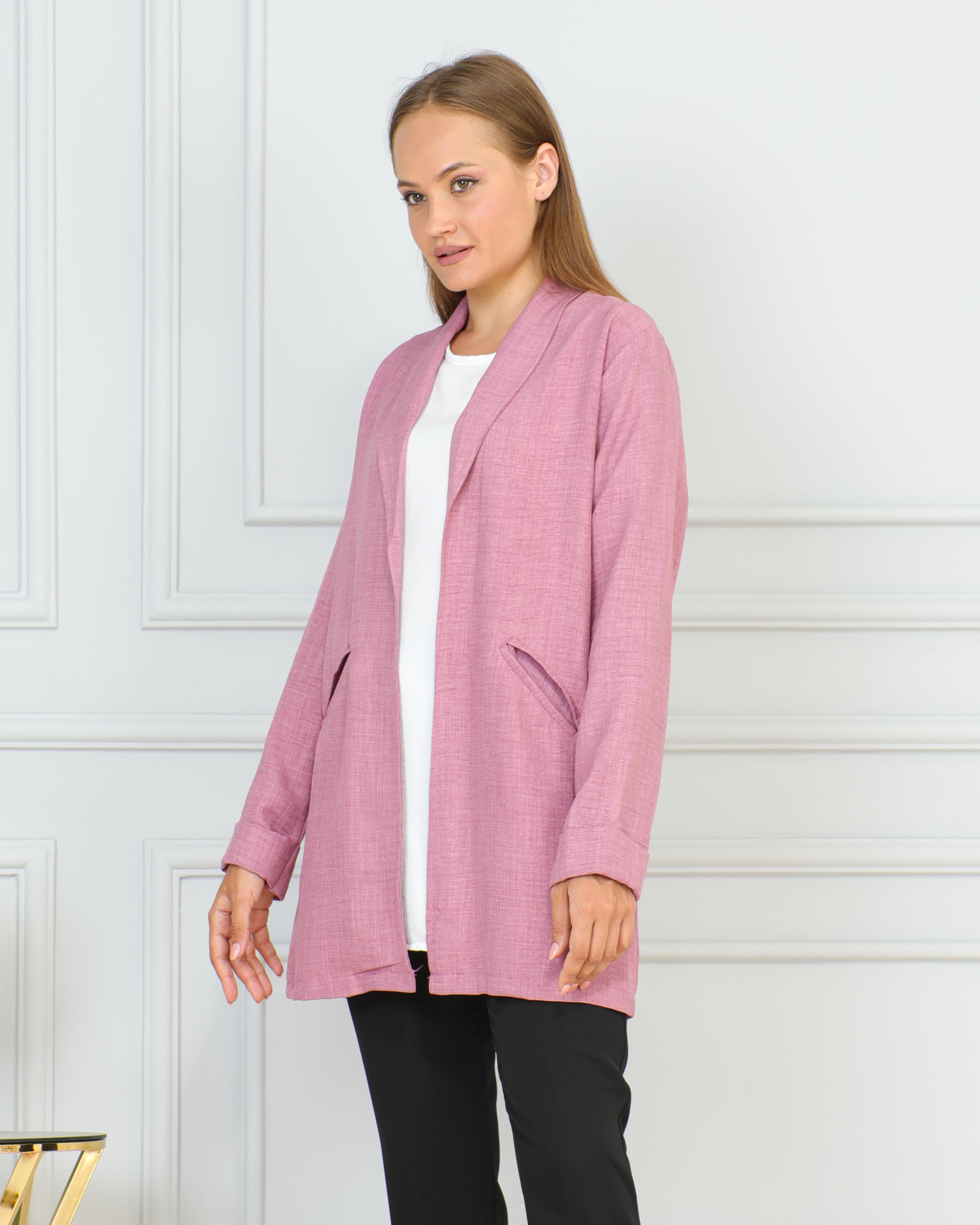 KADIN GİY ÇIK COMFORT PEMBE RENK KETEN CEKET İÇLİ DIŞLI RAHAT KALIP CEKET