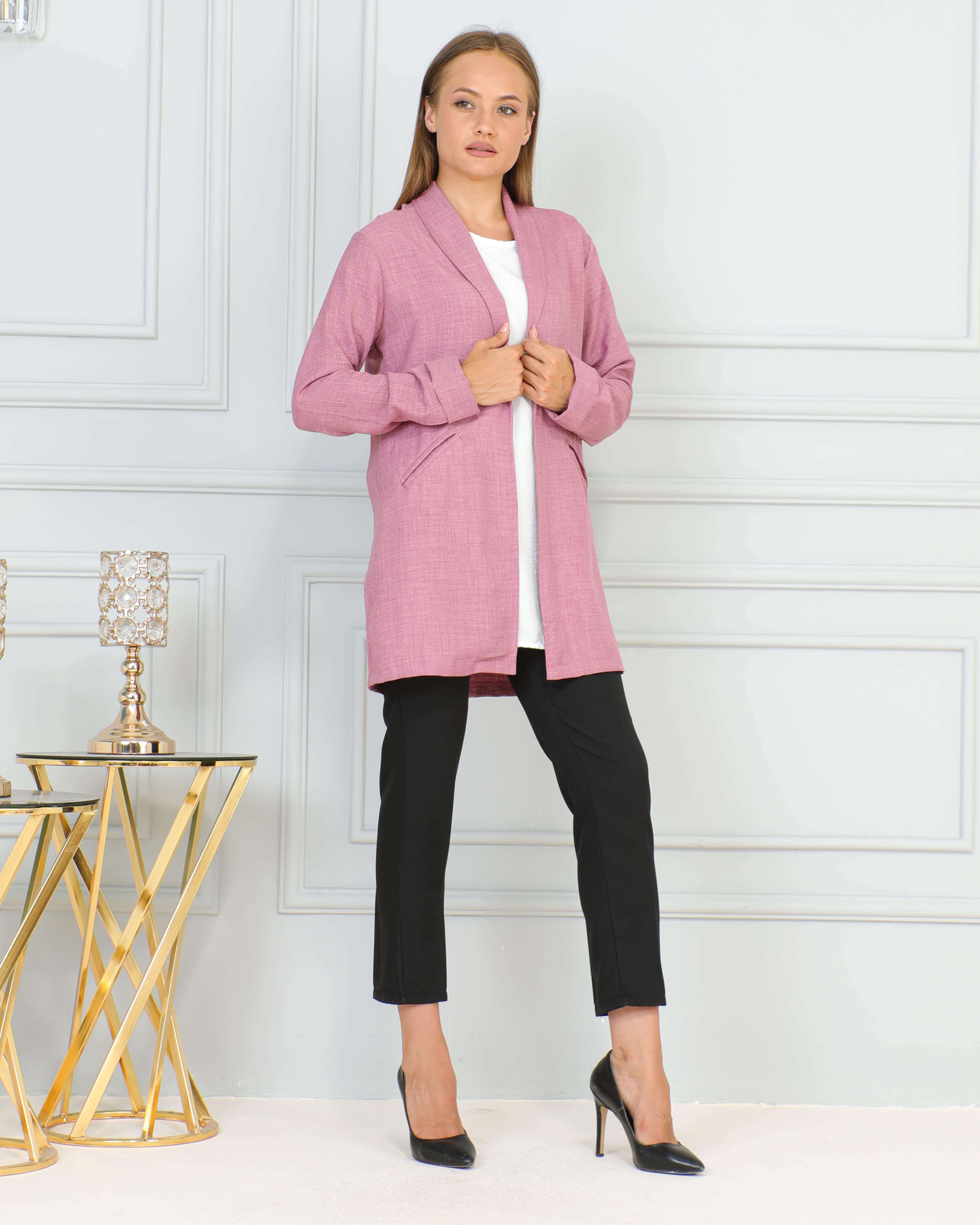 KADIN GİY ÇIK COMFORT PEMBE RENK KETEN CEKET İÇLİ DIŞLI RAHAT KALIP CEKET