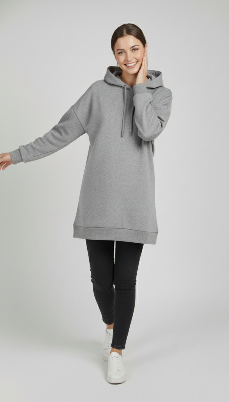 Kadın Gri Basic Oversize Kapüşonlu Çan Model Sweatshirt