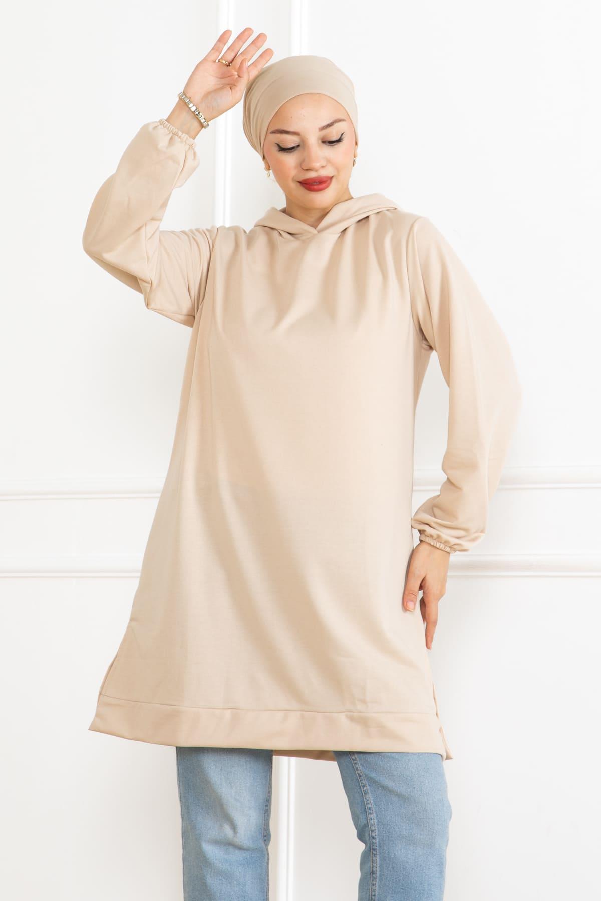 Kadın Kapüşonlu Siyah Uzun Tesettür Tunik Sweatshirt