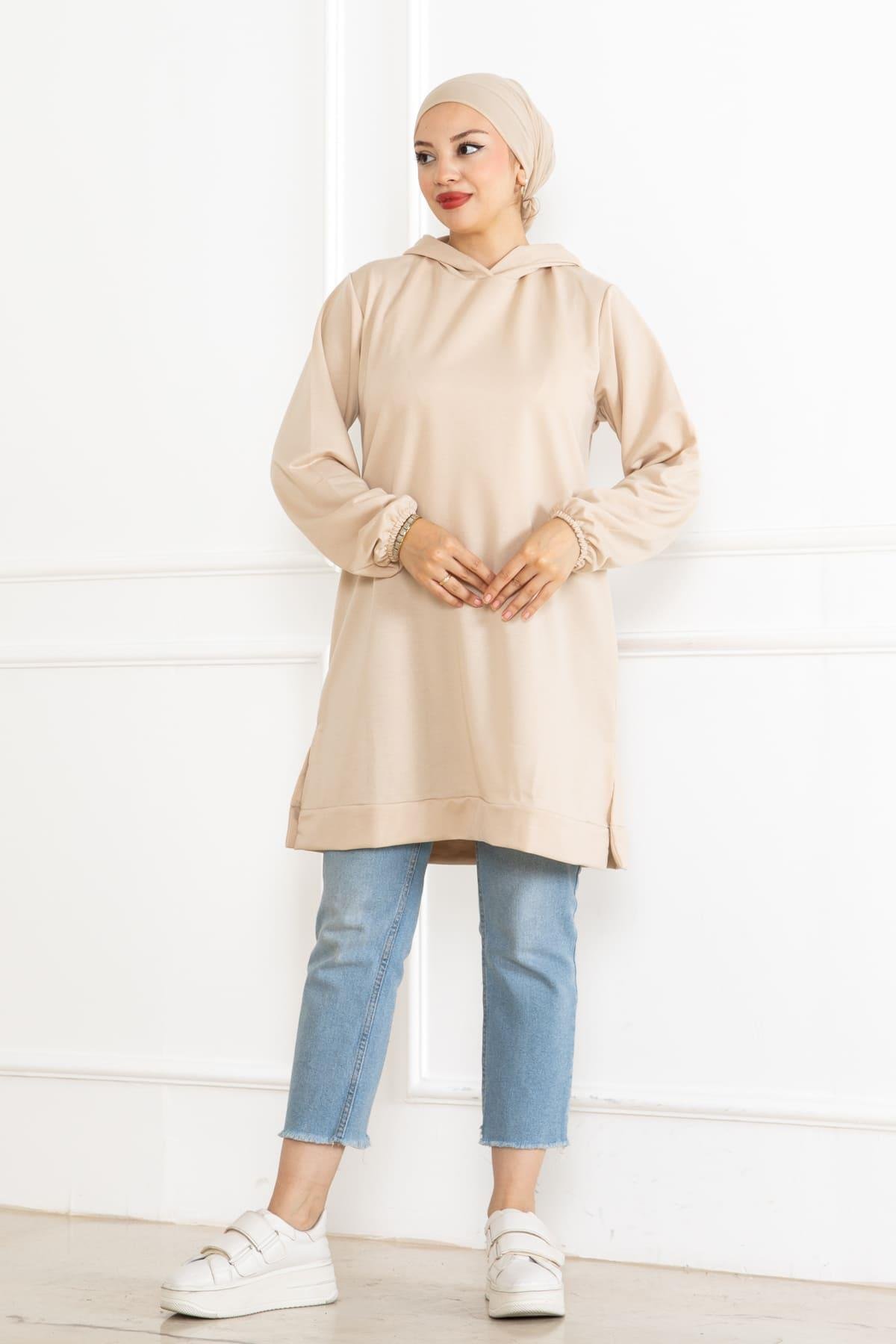 Kadın Kapüşonlu Siyah Uzun Tesettür Tunik Sweatshirt