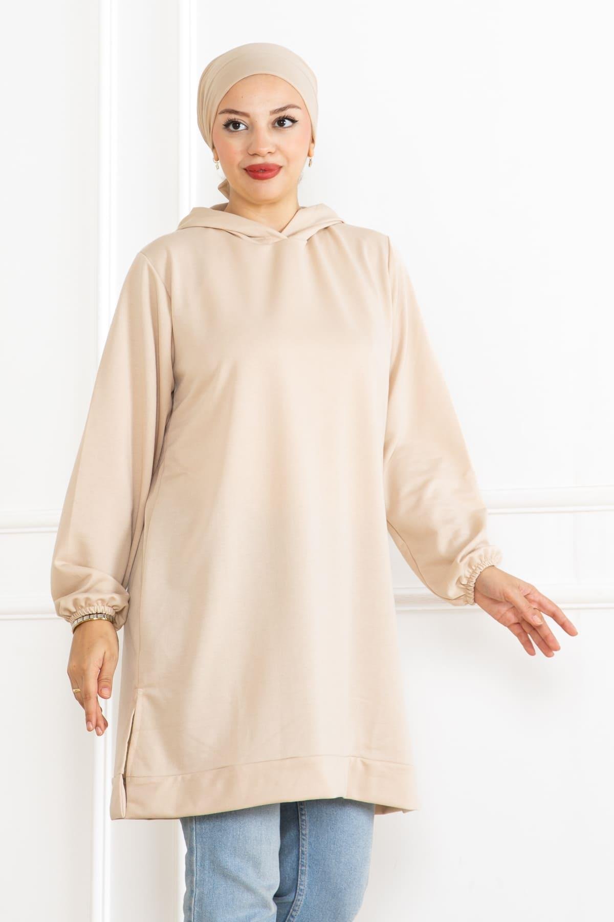 Kadın Kapüşonlu Siyah Uzun Tesettür Tunik Sweatshirt