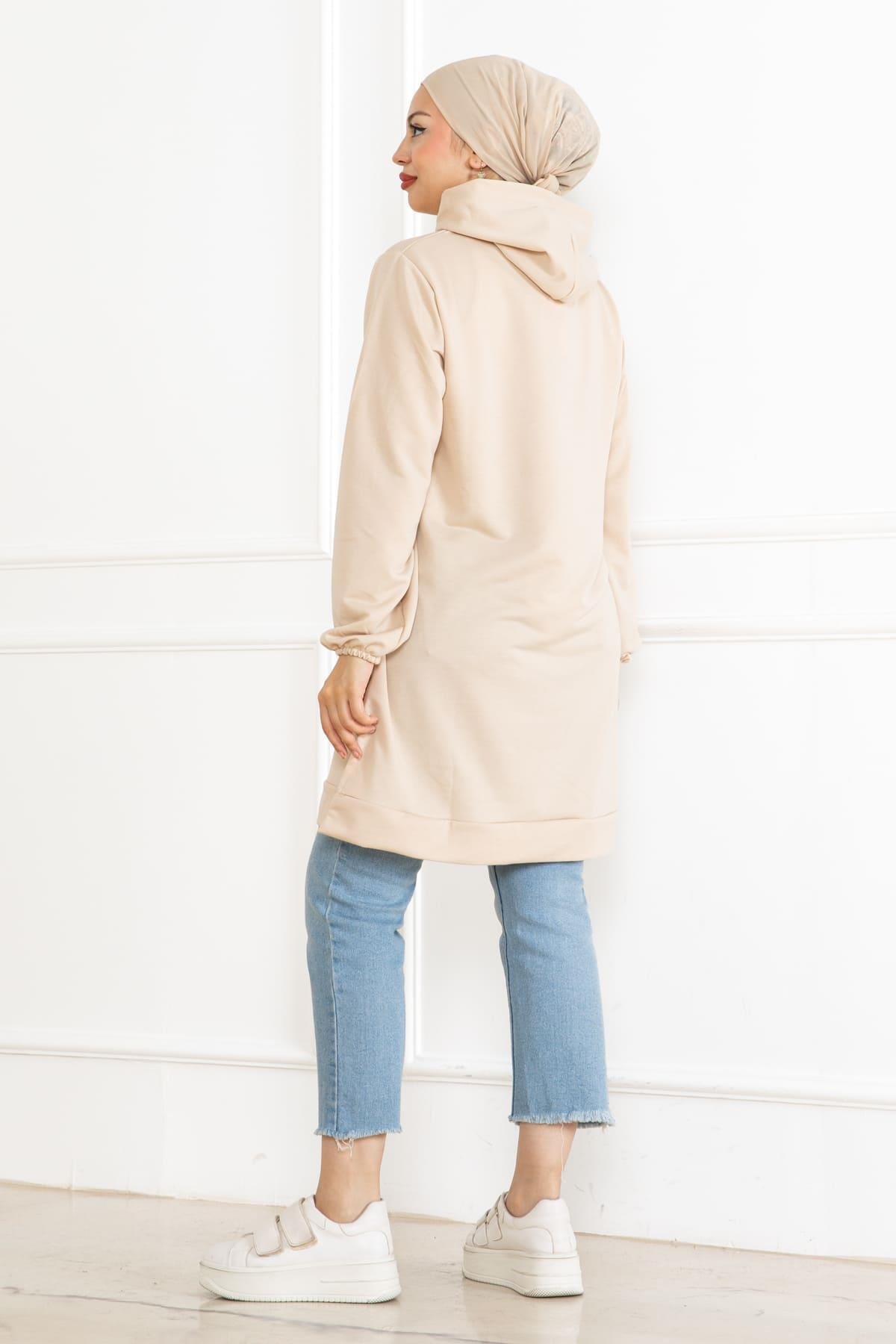 Kadın Kapüşonlu Siyah Uzun Tesettür Tunik Sweatshirt