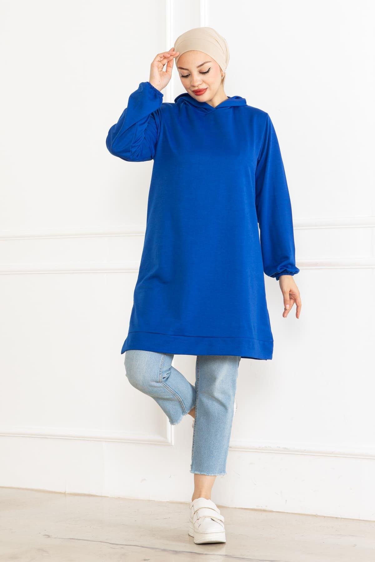 Kadın Kapüşonlu Siyah Uzun Tesettür Tunik Sweatshirt
