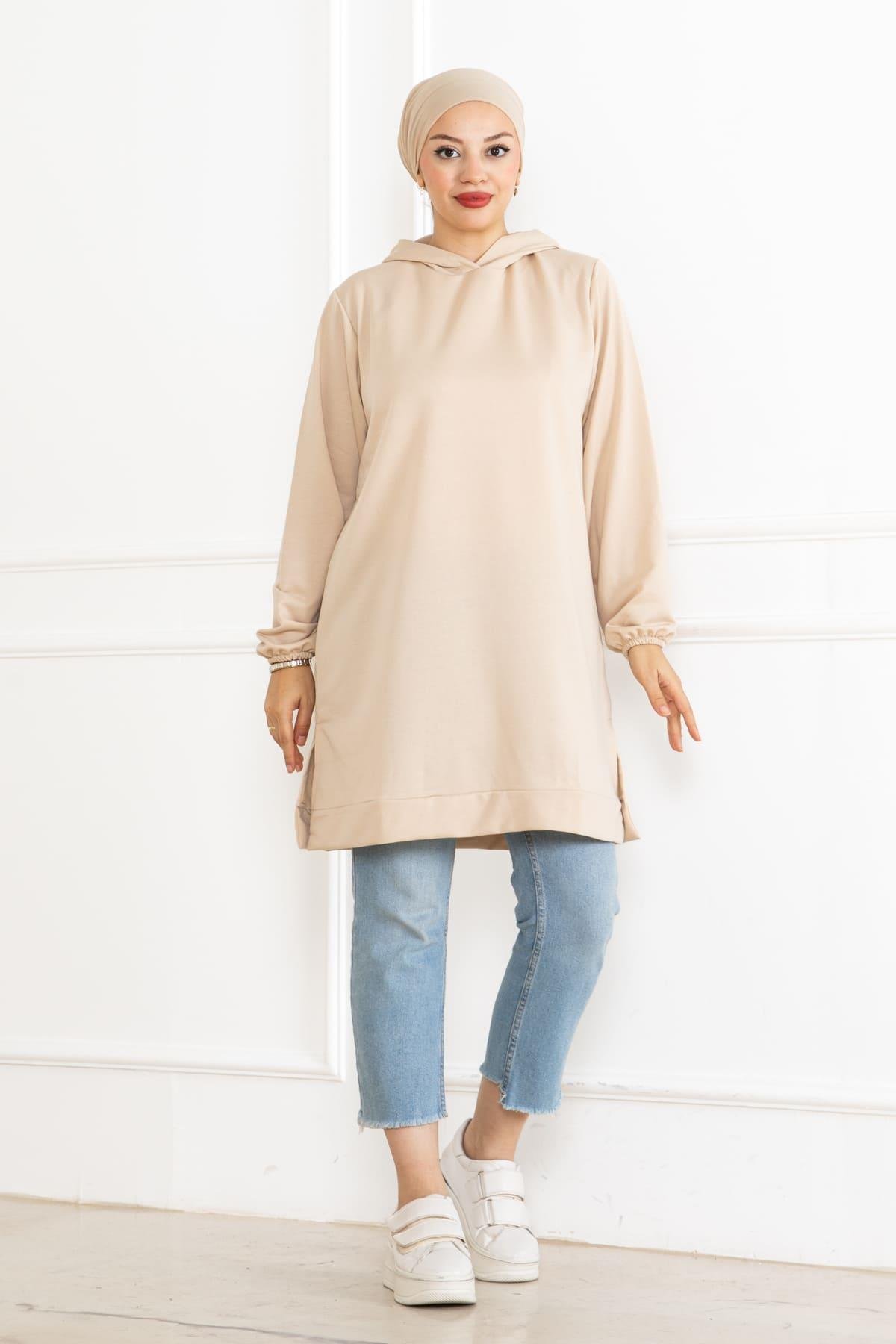 Kadın Kapüşonlu Siyah Uzun Tesettür Tunik Sweatshirt