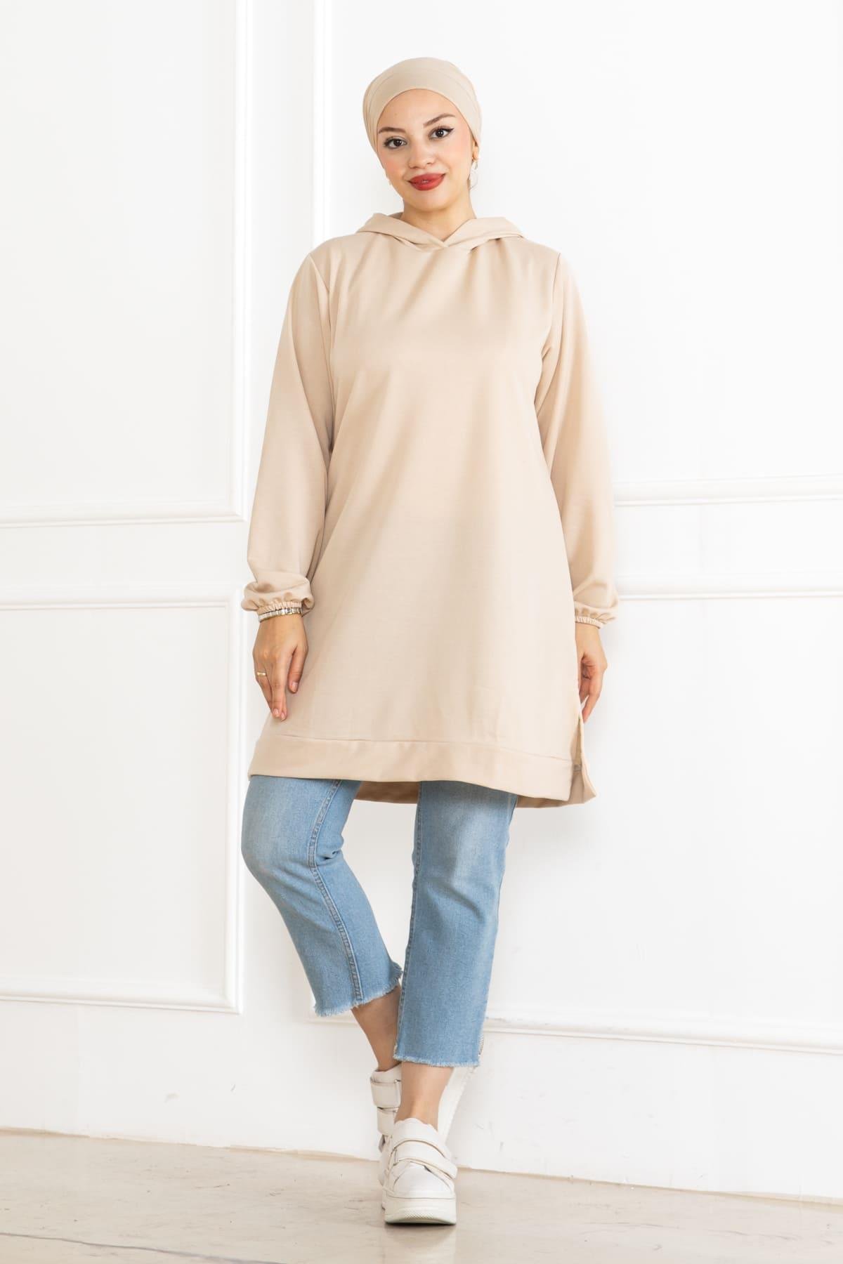 Kadın Kapüşonlu Siyah Uzun Tesettür Tunik Sweatshirt