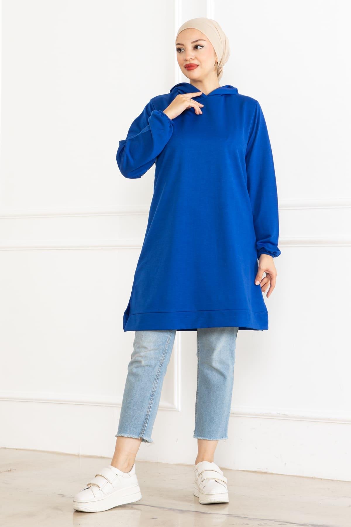 Kadın Kapüşonlu Siyah Uzun Tesettür Tunik Sweatshirt