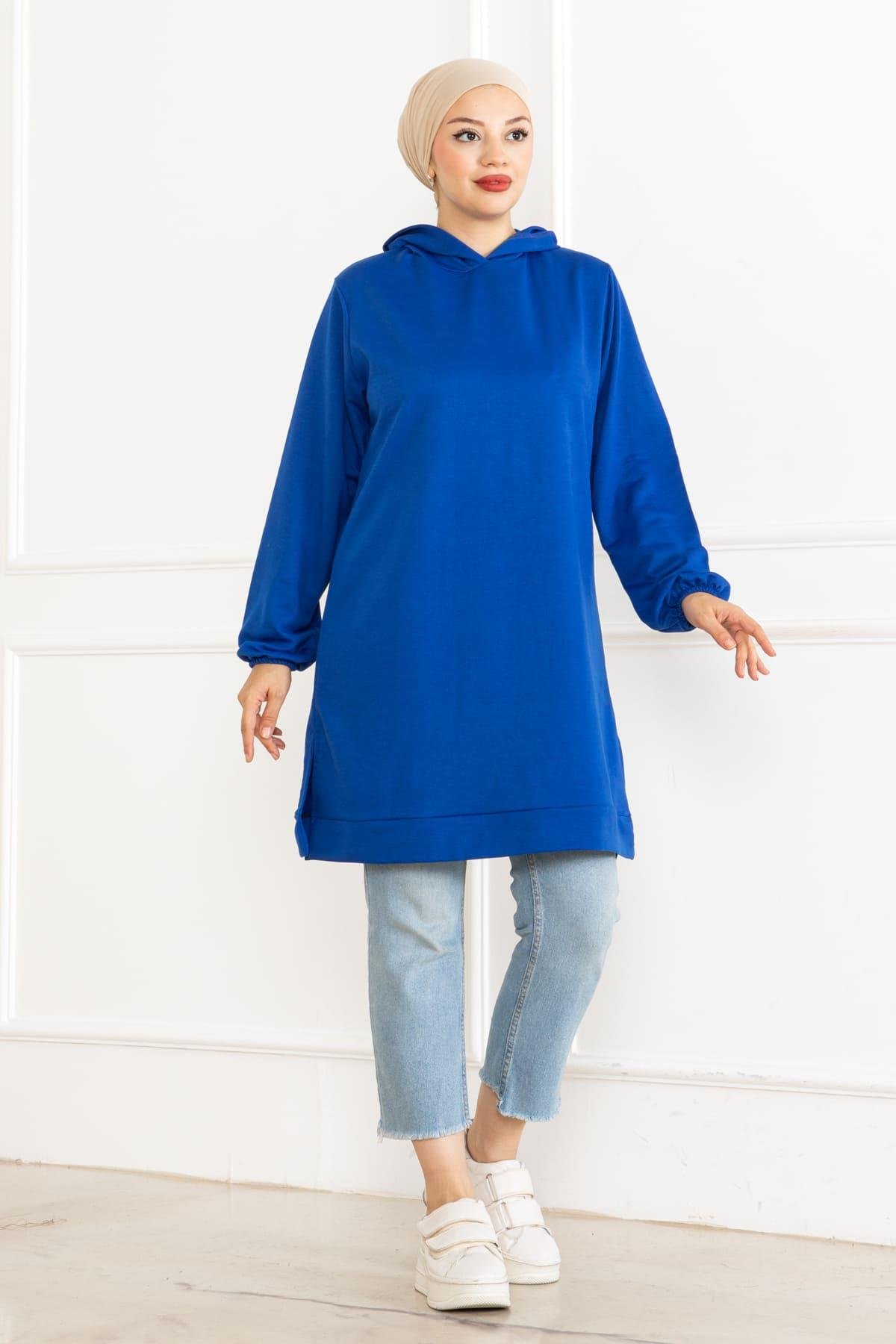 Kadın Kapüşonlu Siyah Uzun Tesettür Tunik Sweatshirt