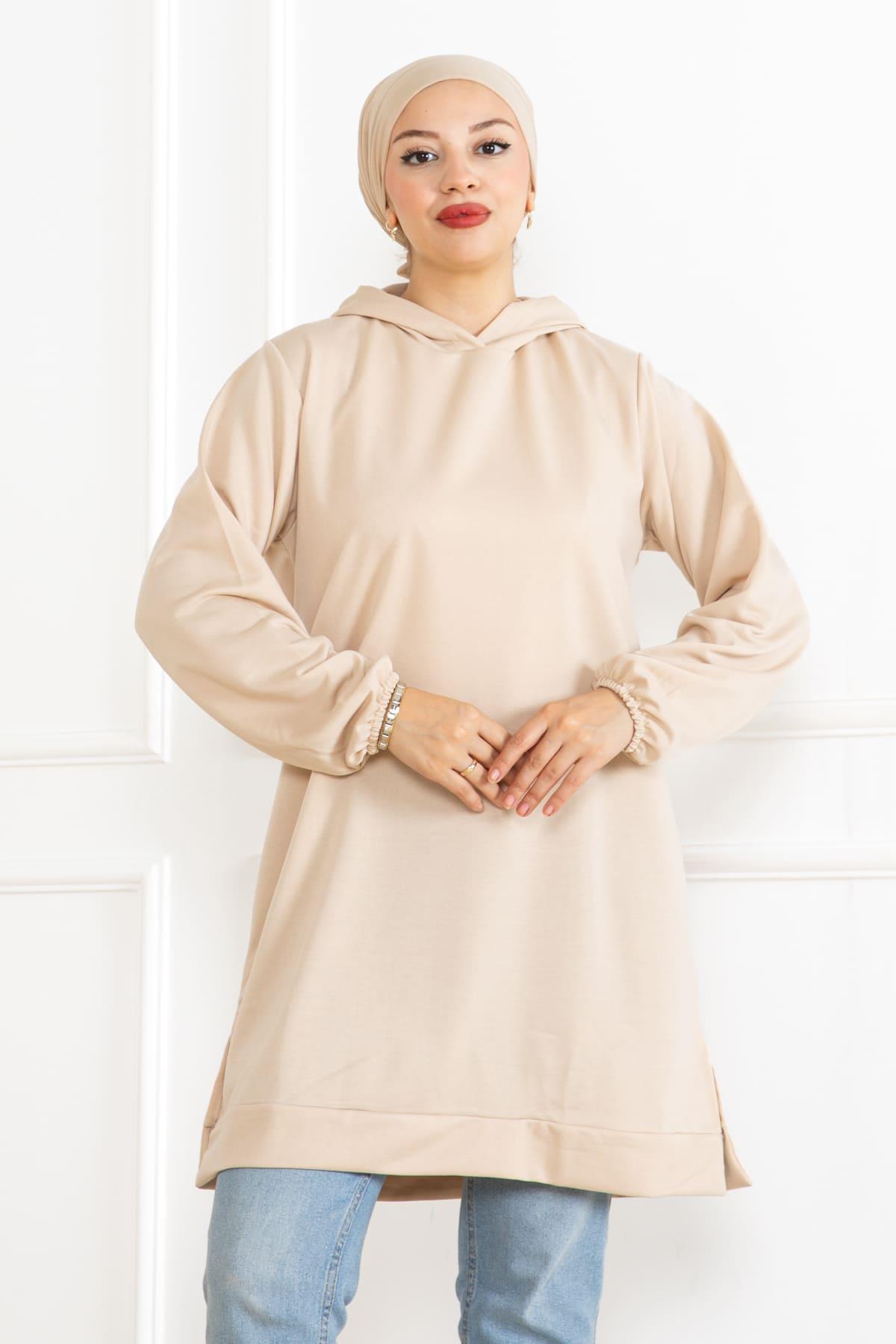Kadın Kapüşonlu Siyah Uzun Tesettür Tunik Sweatshirt