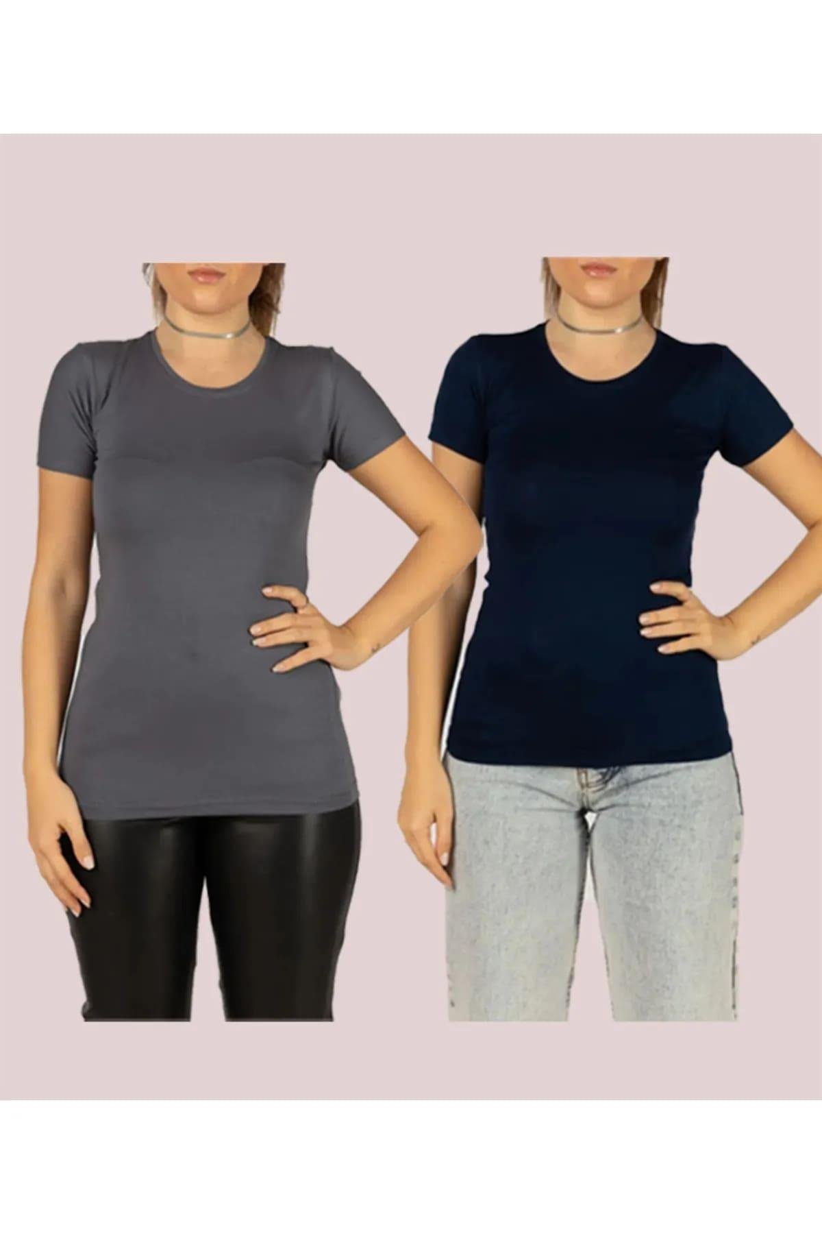 Kadın Kısa Kol Bisiklet Yaka Likralı Esnek Badi 2li Body (2 Adet)