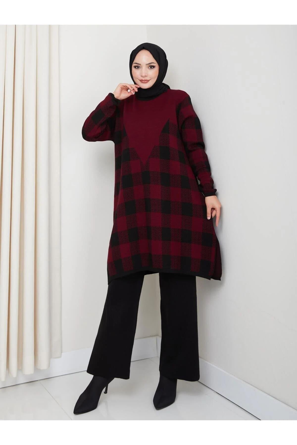 Kadın Modest Tesettür Kareli Desen Uzun Kol Triko Tunik