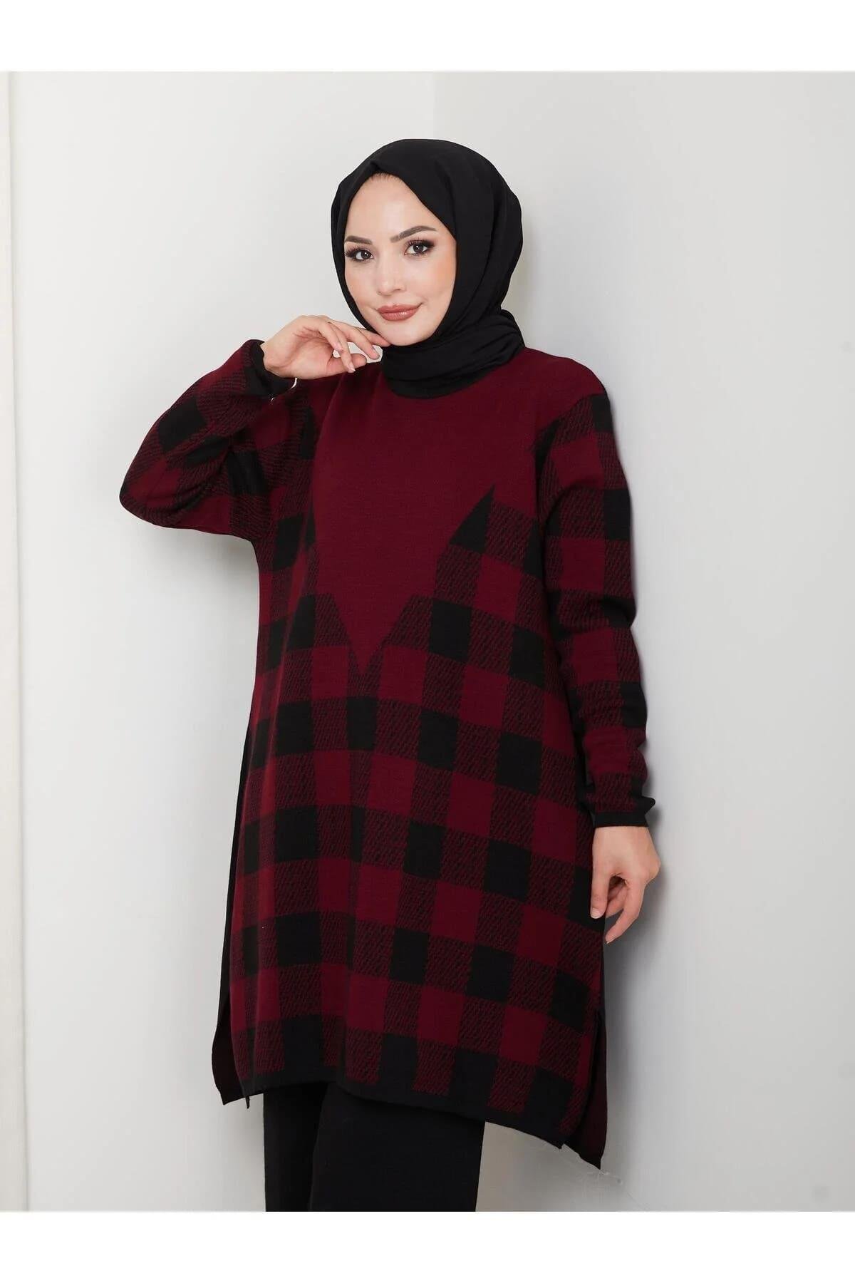 Kadın Modest Tesettür Kareli Desen Uzun Kol Triko Tunik