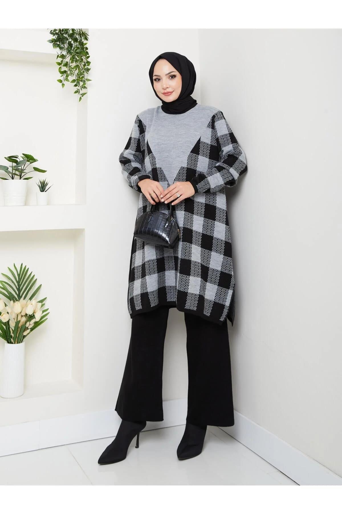 Kadın Modest Tesettür Kareli Desen Uzun Kol Triko Tunik