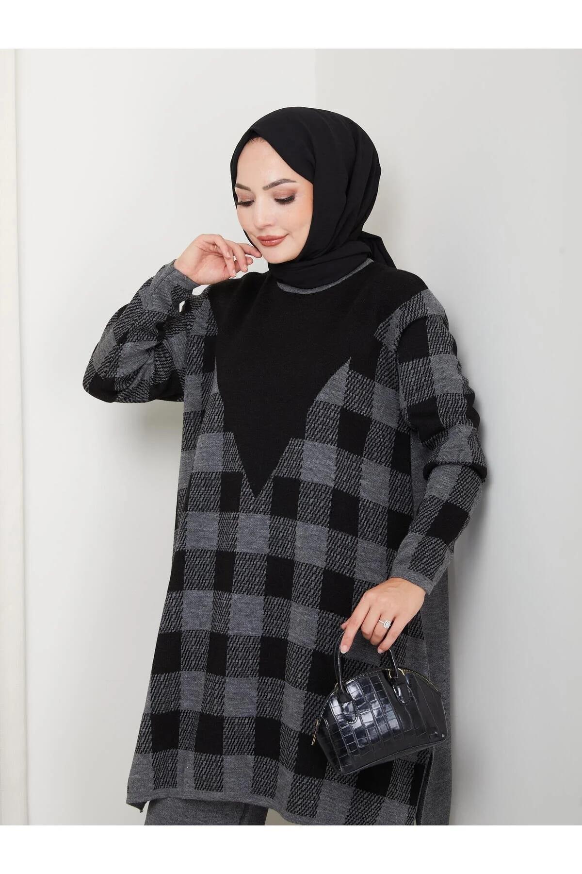 Kadın Modest Tesettür Kareli Desen Uzun Kol Triko Tunik