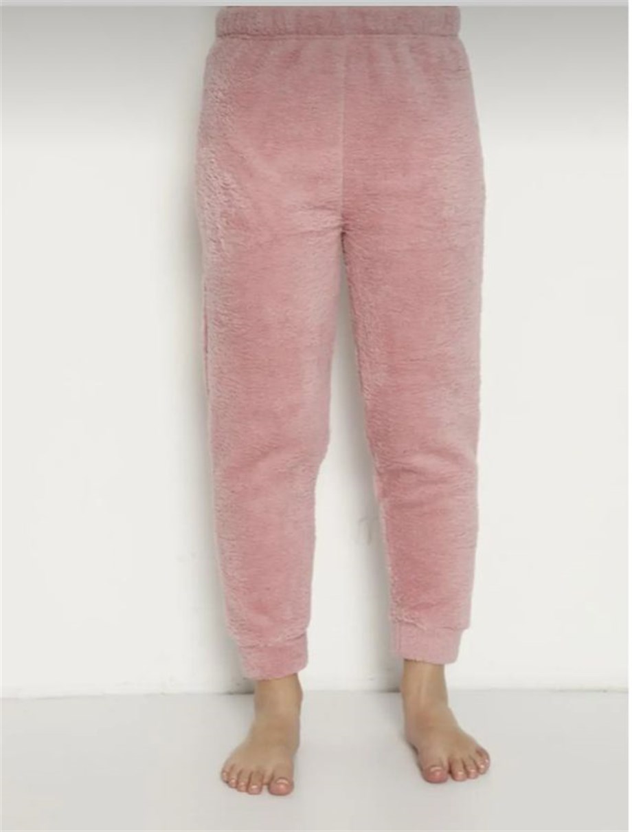 Kadın Rahat Basic Dar Paça Welsoft Peluş Kumaş Polar Pijama Eşofman Alt