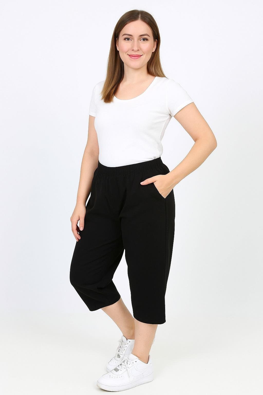 Kadın Rahat Kalıp Siyah Keten Hambez Kapri – Yazlık Günlük Model